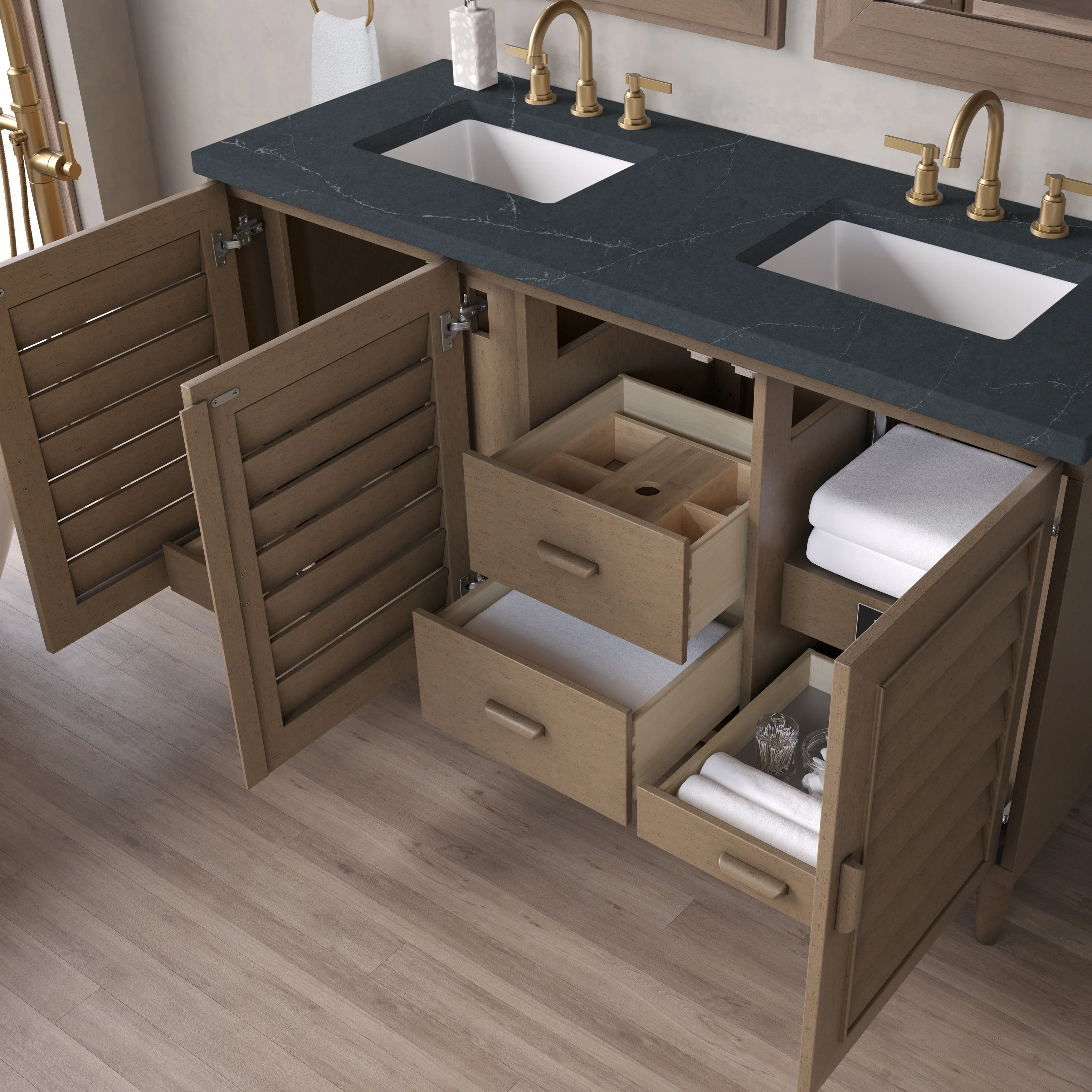 Portland 60" Double Vanity Whitewashed Walnut w/ 3 CM Charcoal Soapstone Silestone Top