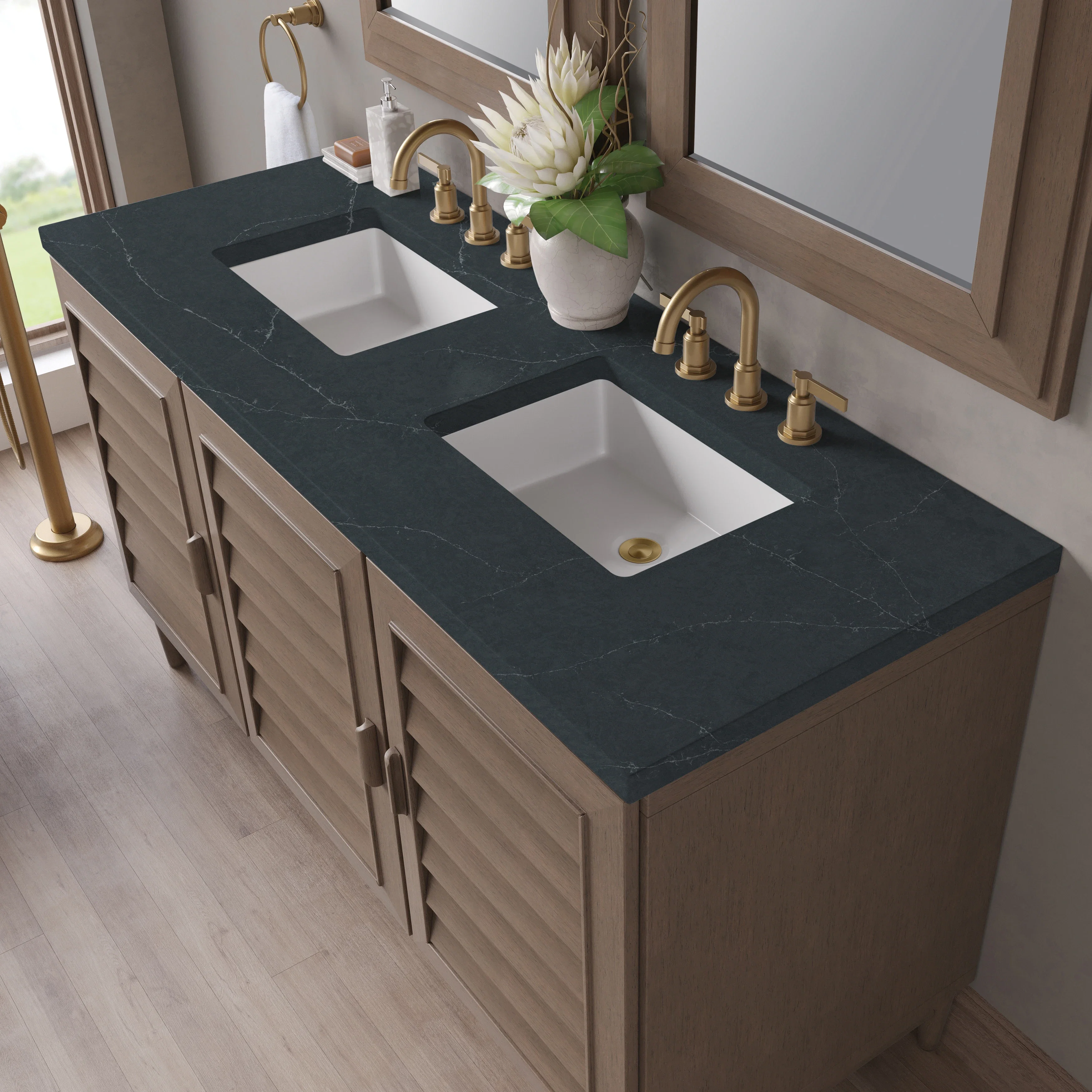 Portland 60" Double Vanity Whitewashed Walnut w/ 3 CM Charcoal Soapstone Silestone Top