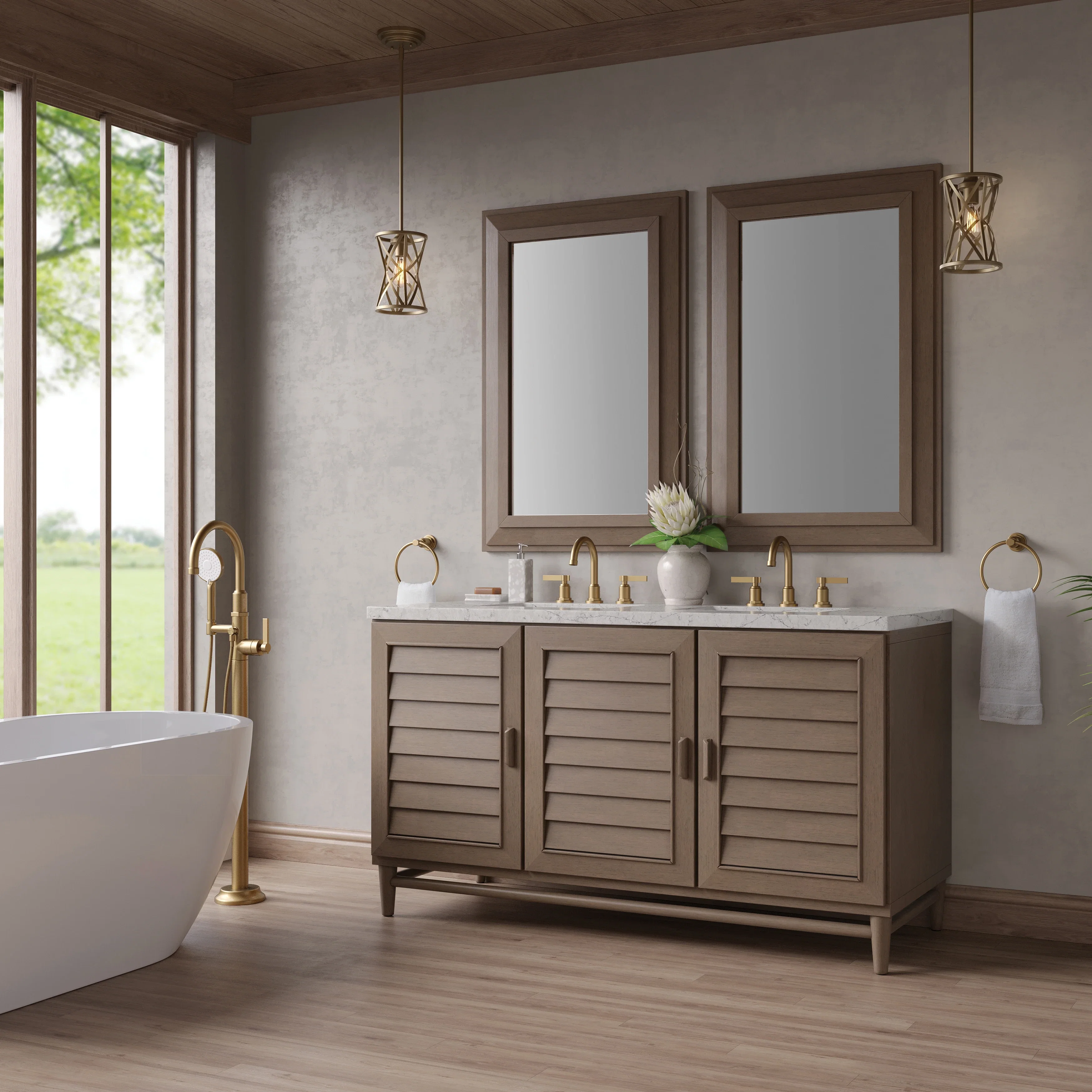 Portland 60" Double Vanity Whitewashed Walnut w/ 3 CM Eternal Jasmine Pearl Silestone Top