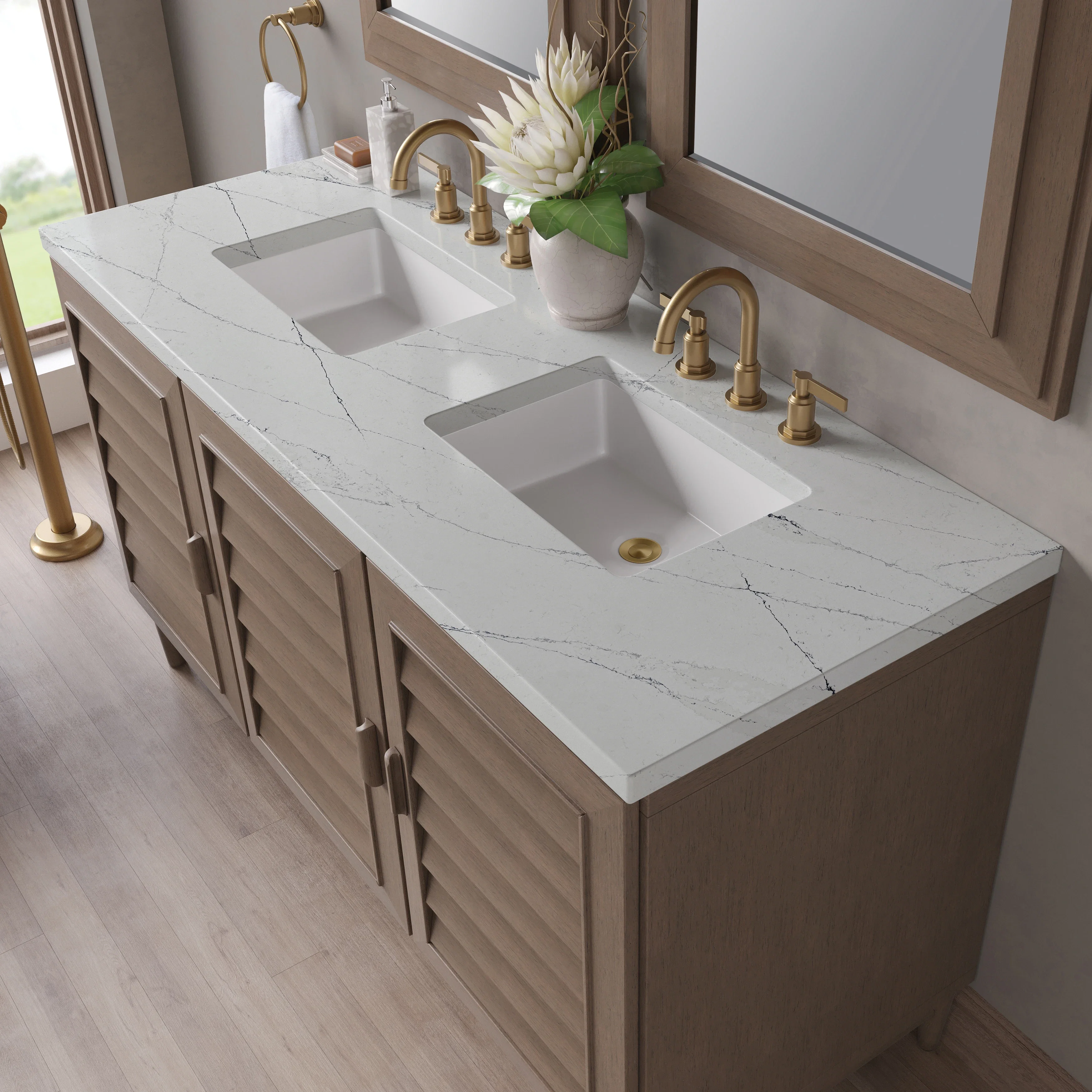 Portland 60" Double Vanity Whitewashed Walnut w/ 3 CM Ethereal Noctis Silestone Top