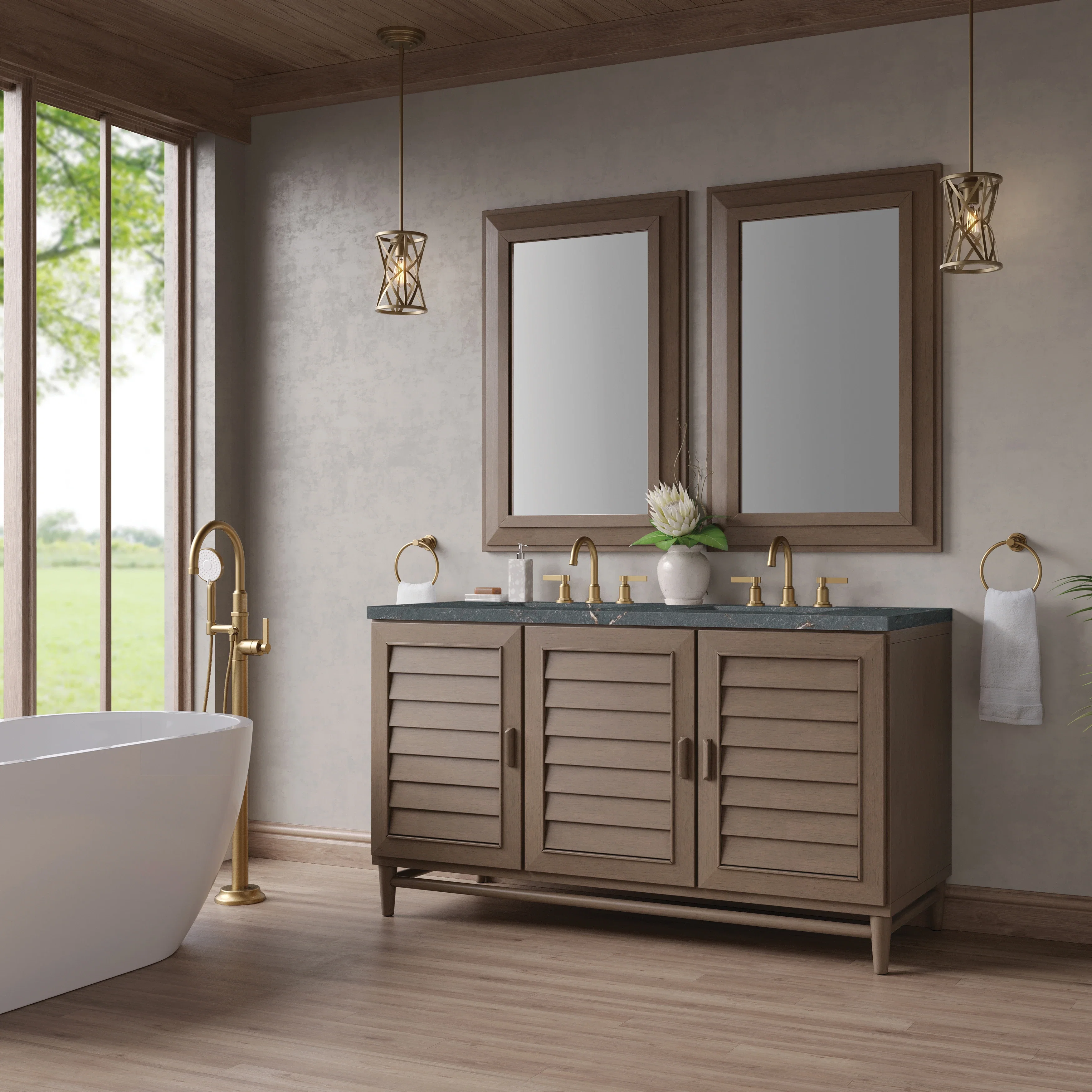 Portland 60" Double Vanity Whitewashed Walnut w/ 3 CM Parisien Bleu Silestone Top