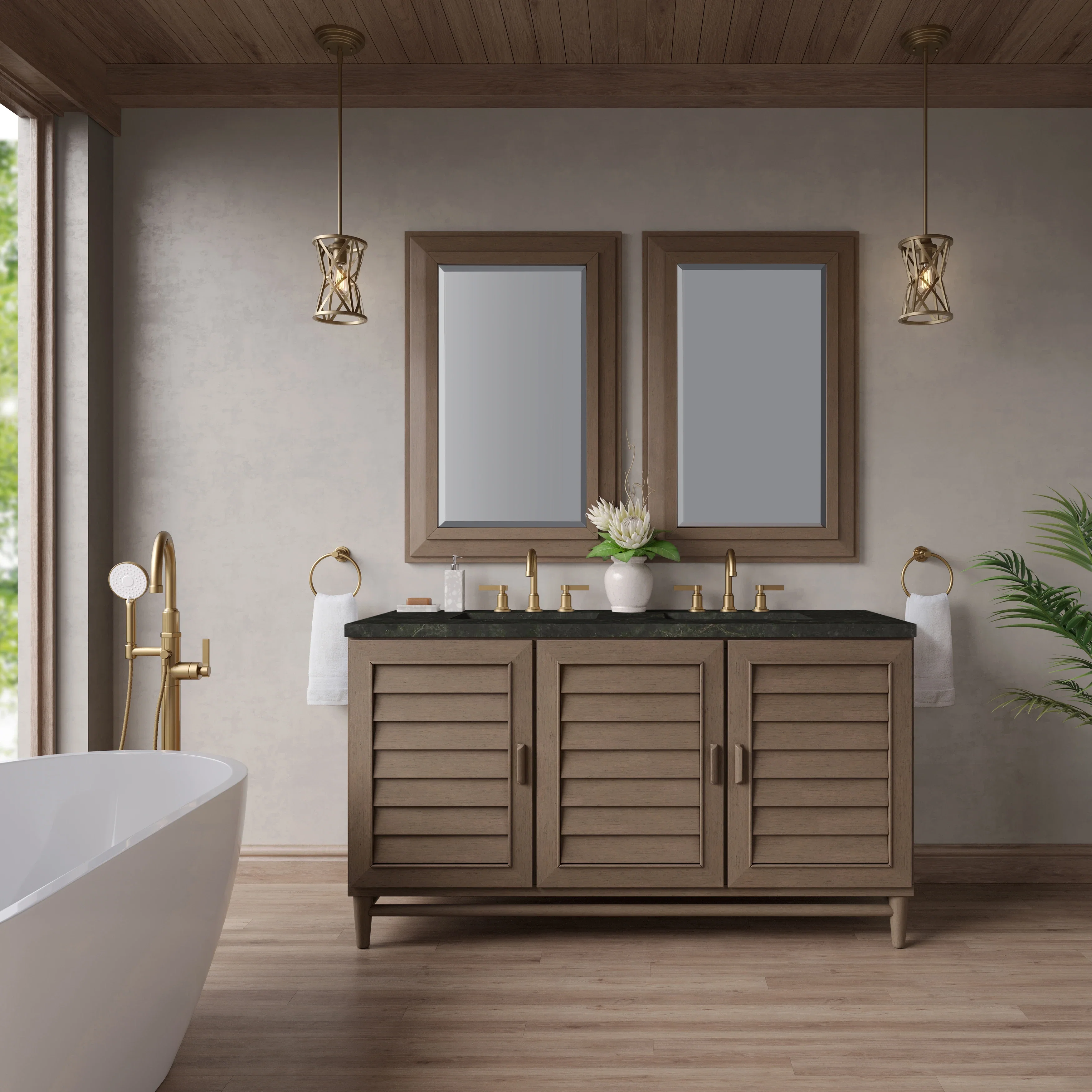 Portland 60" Double Vanity, Whitewashed Walnut, w/ 3 CM Phantome Eclos Top