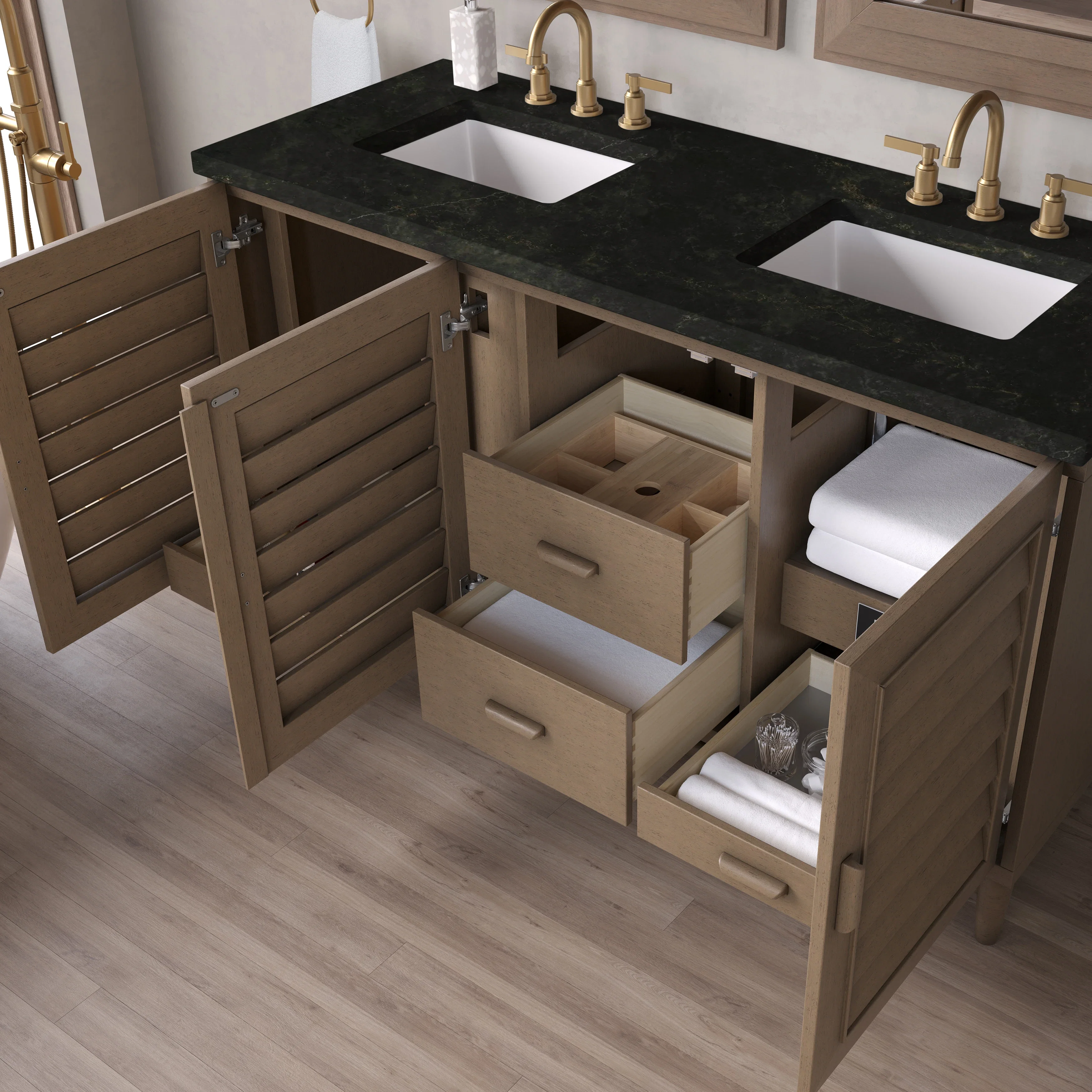 Portland 60" Double Vanity, Whitewashed Walnut, w/ 3 CM Phantome Eclos Top