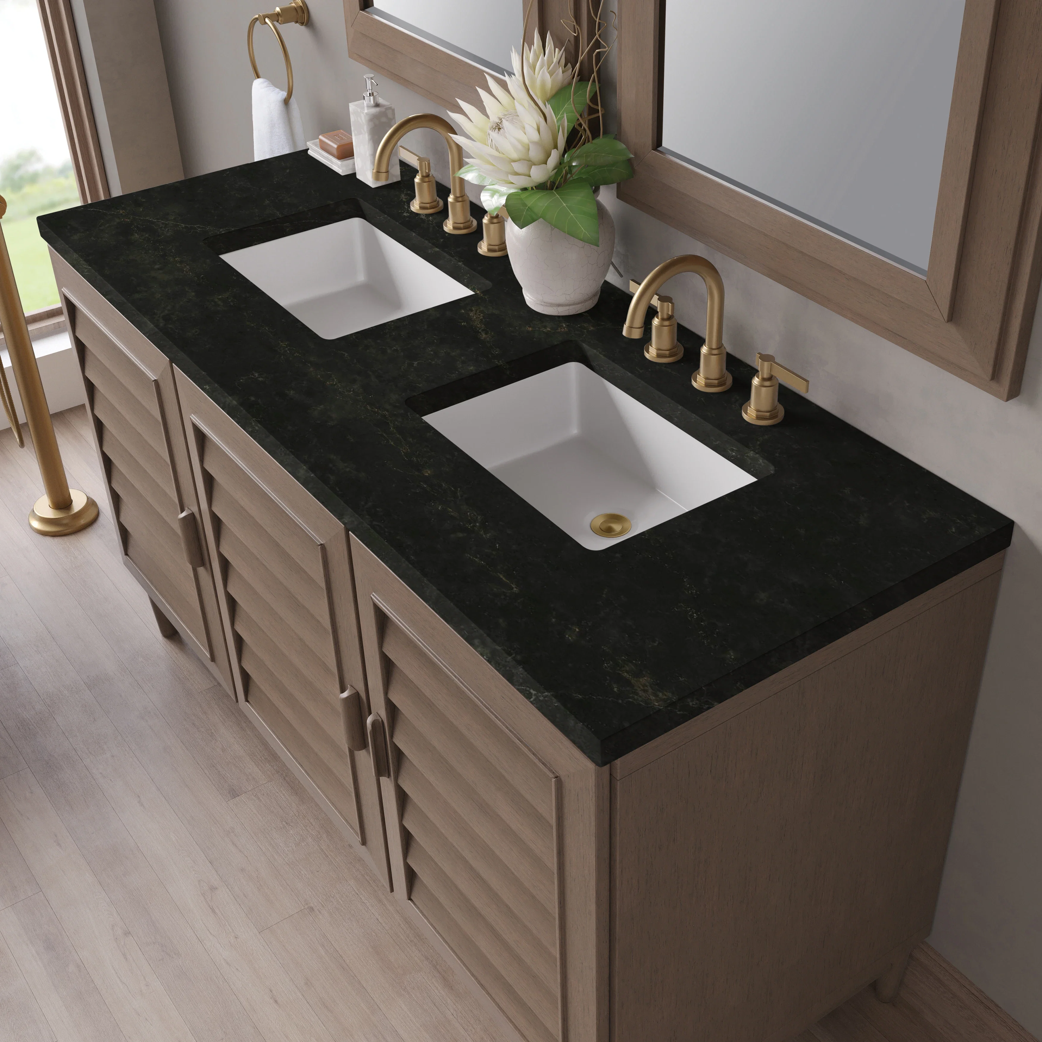 Portland 60" Double Vanity, Whitewashed Walnut, w/ 3 CM Phantome Eclos Top