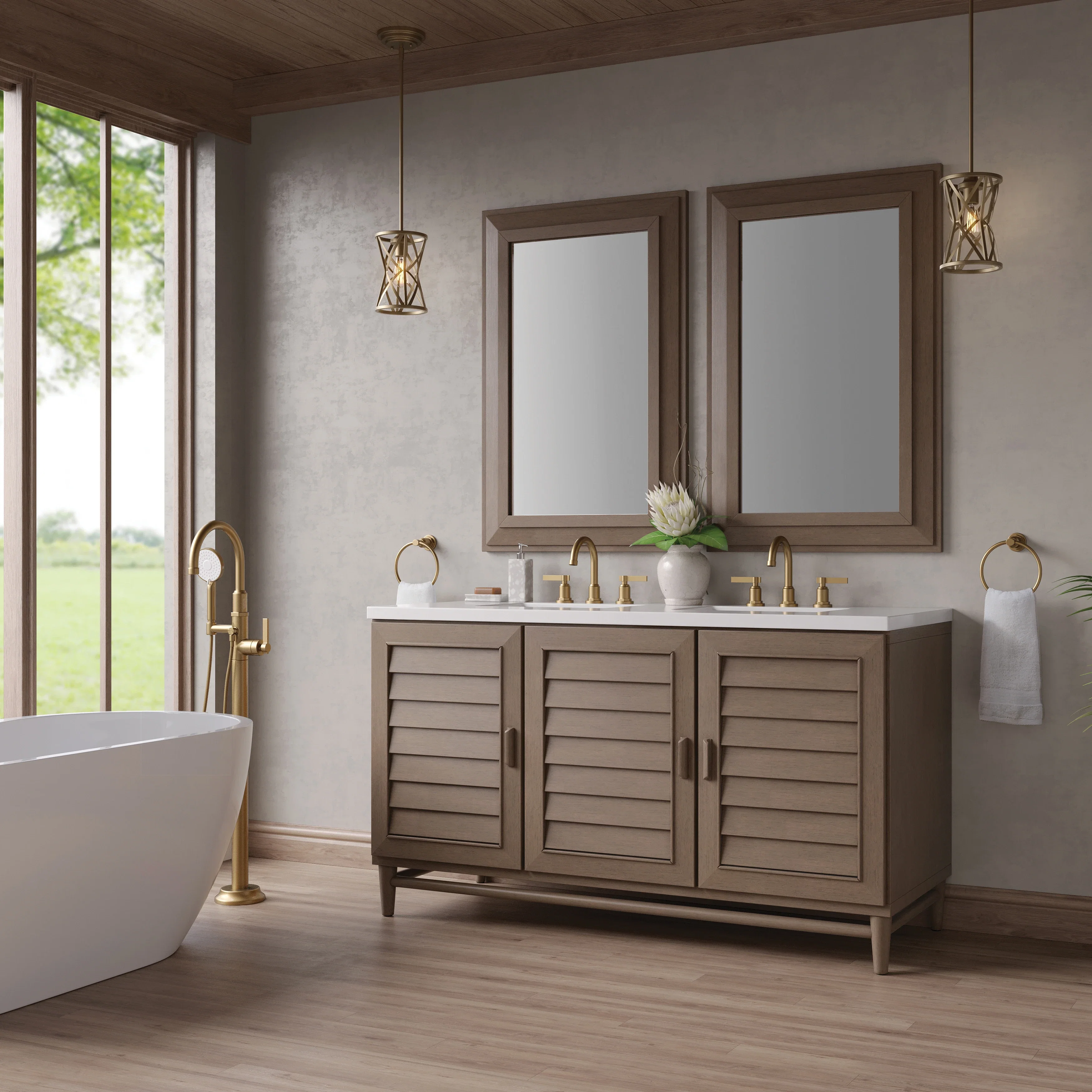 Portland 60" Double Vanity Whitewashed Walnut w/ 3 CM White Zeus Silestone Top