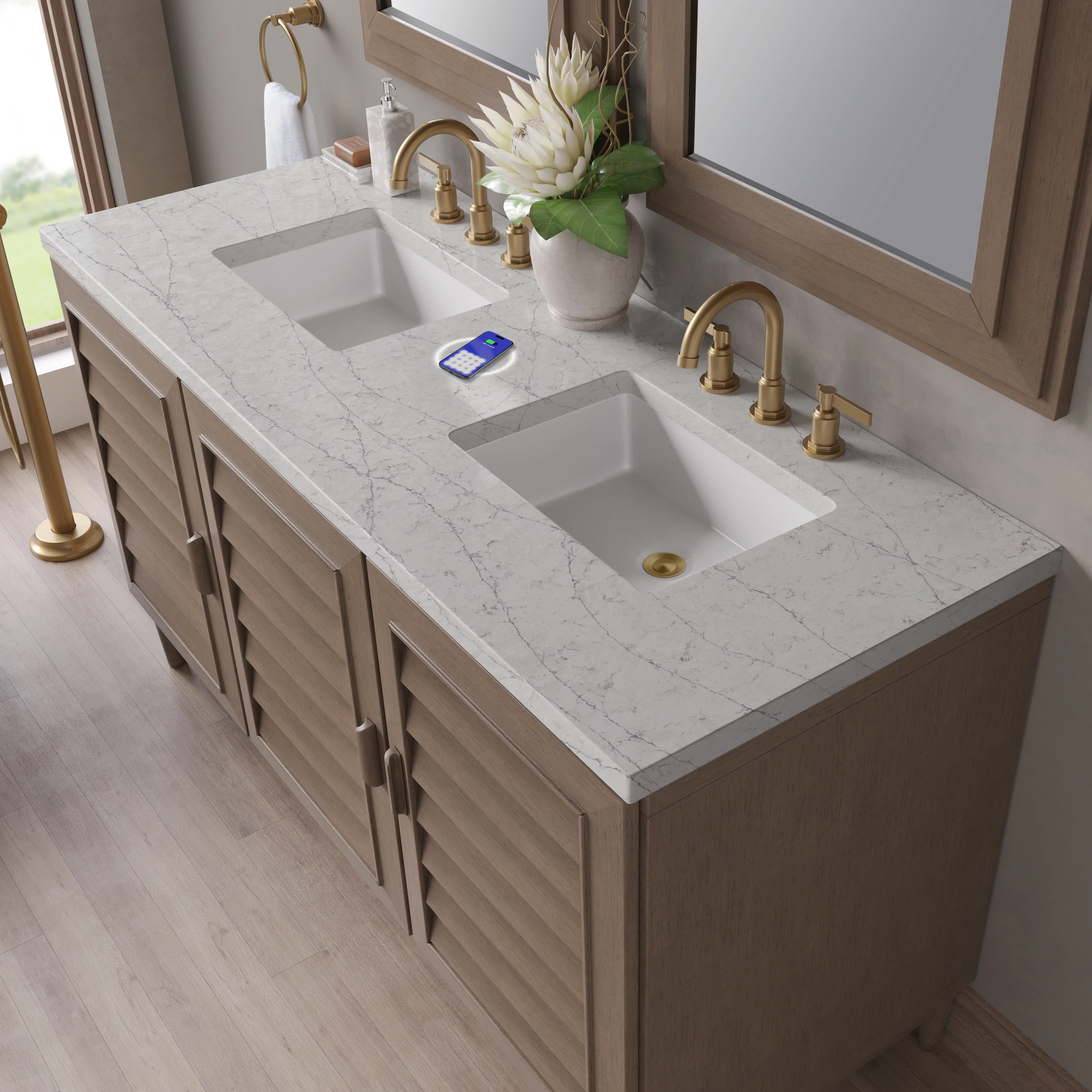 Portland 60" Double Vanity Whitewashed Walnut w/ 3 CM Eternal Jasmine Pearl Silestone Top w/FreePower Wireless Charger