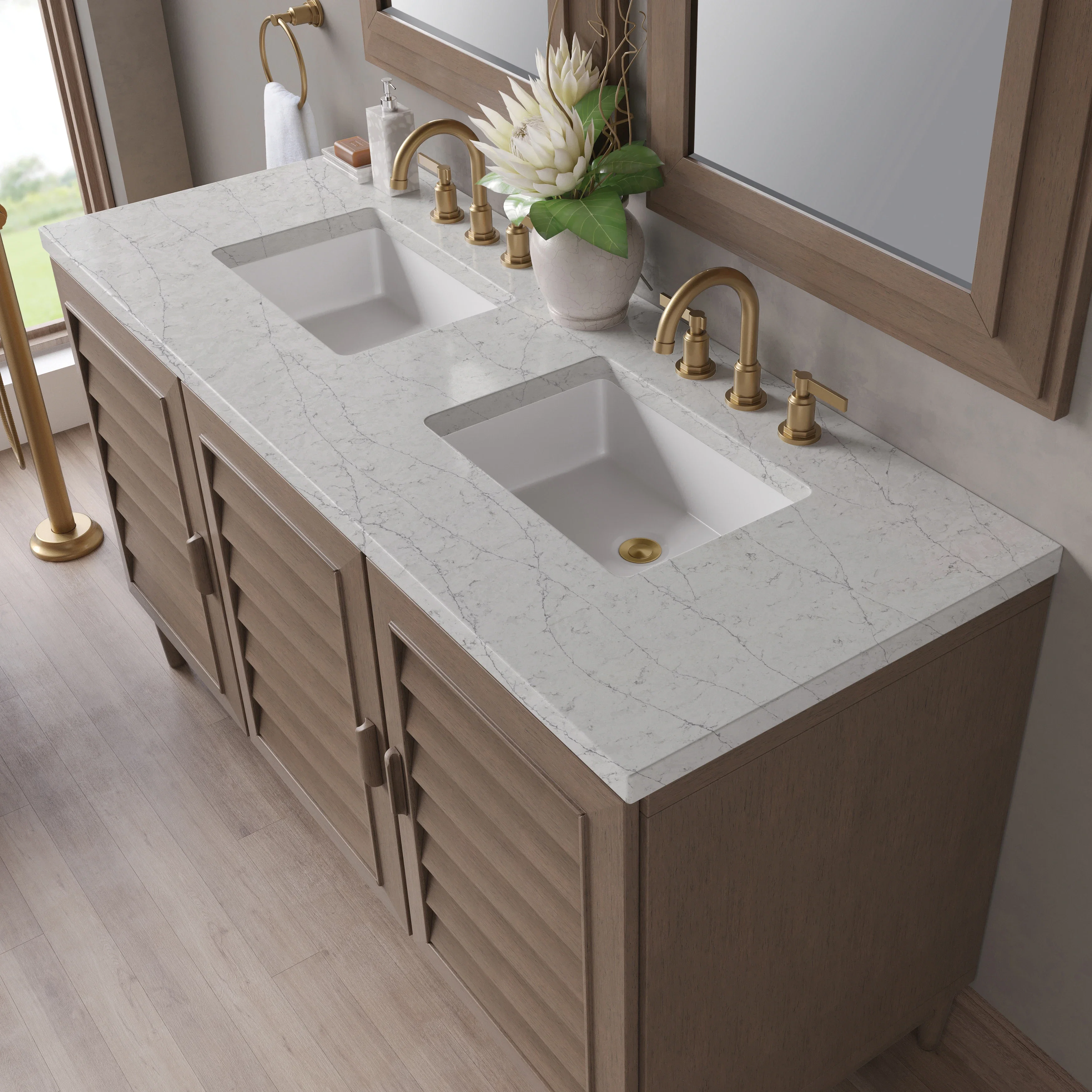 Portland 60" Double Vanity Whitewashed Walnut w/ 3 CM Eternal Jasmine Pearl Silestone Top w/FreePower Wireless Charger