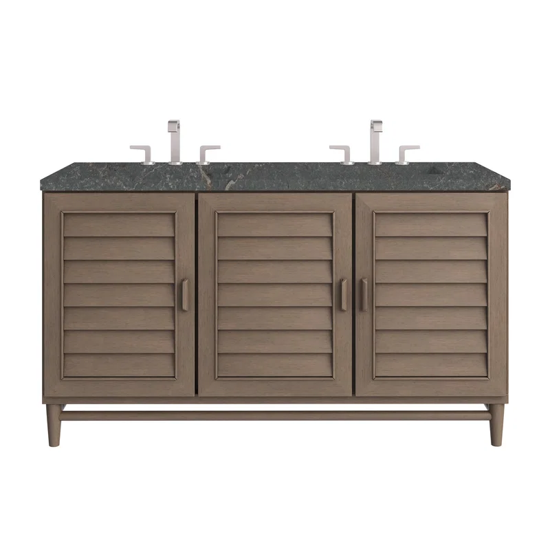Portland 60" Double Vanity Whitewashed Walnut w/ 3 CM Parisien Bleu Silestone Top w/FreePower Wireless Charger