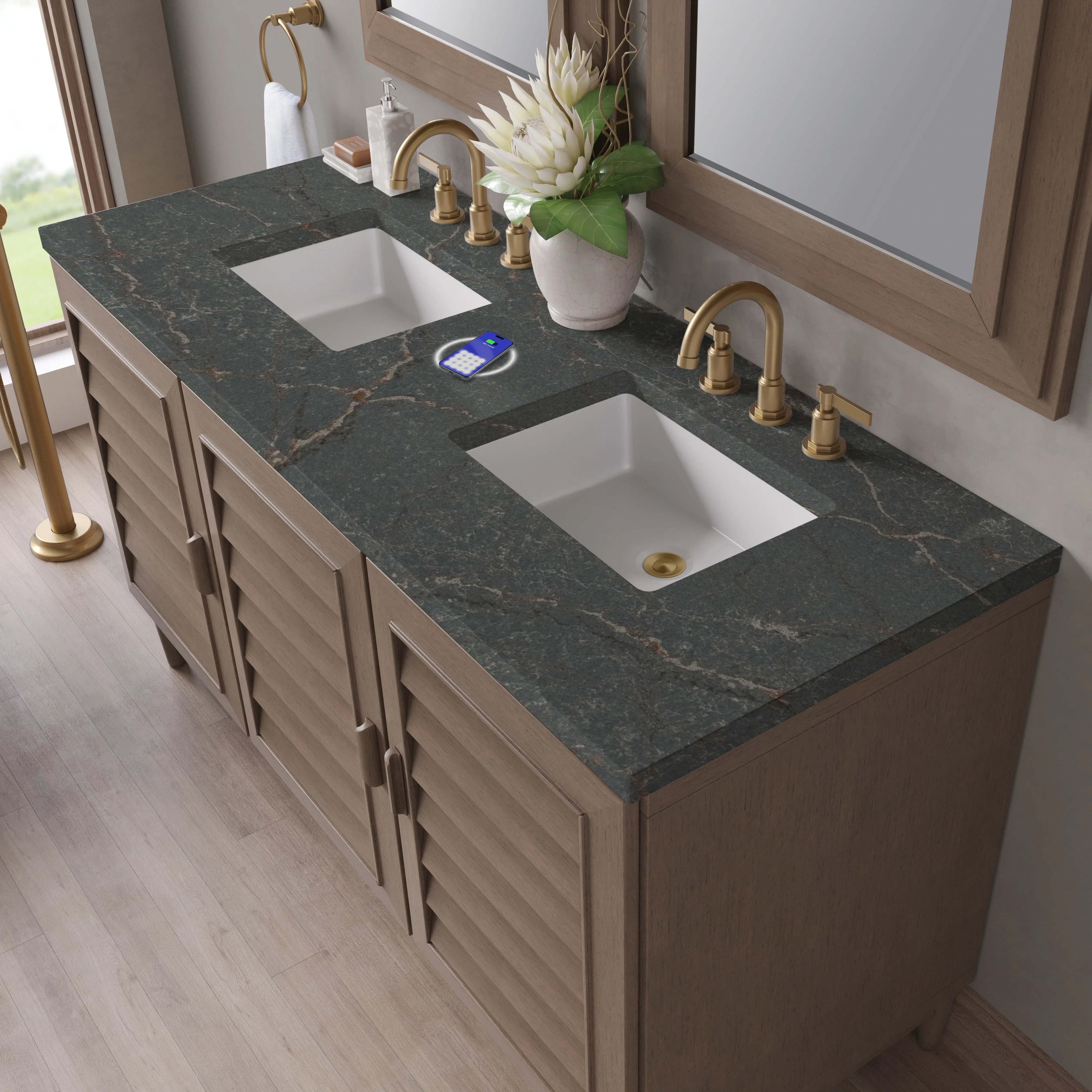 Portland 60" Double Vanity Whitewashed Walnut w/ 3 CM Parisien Bleu Silestone Top w/FreePower Wireless Charger