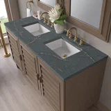 Portland 60" Double Vanity Whitewashed Walnut w/ 3 CM Parisien Bleu Silestone Top w/FreePower Wireless Charger