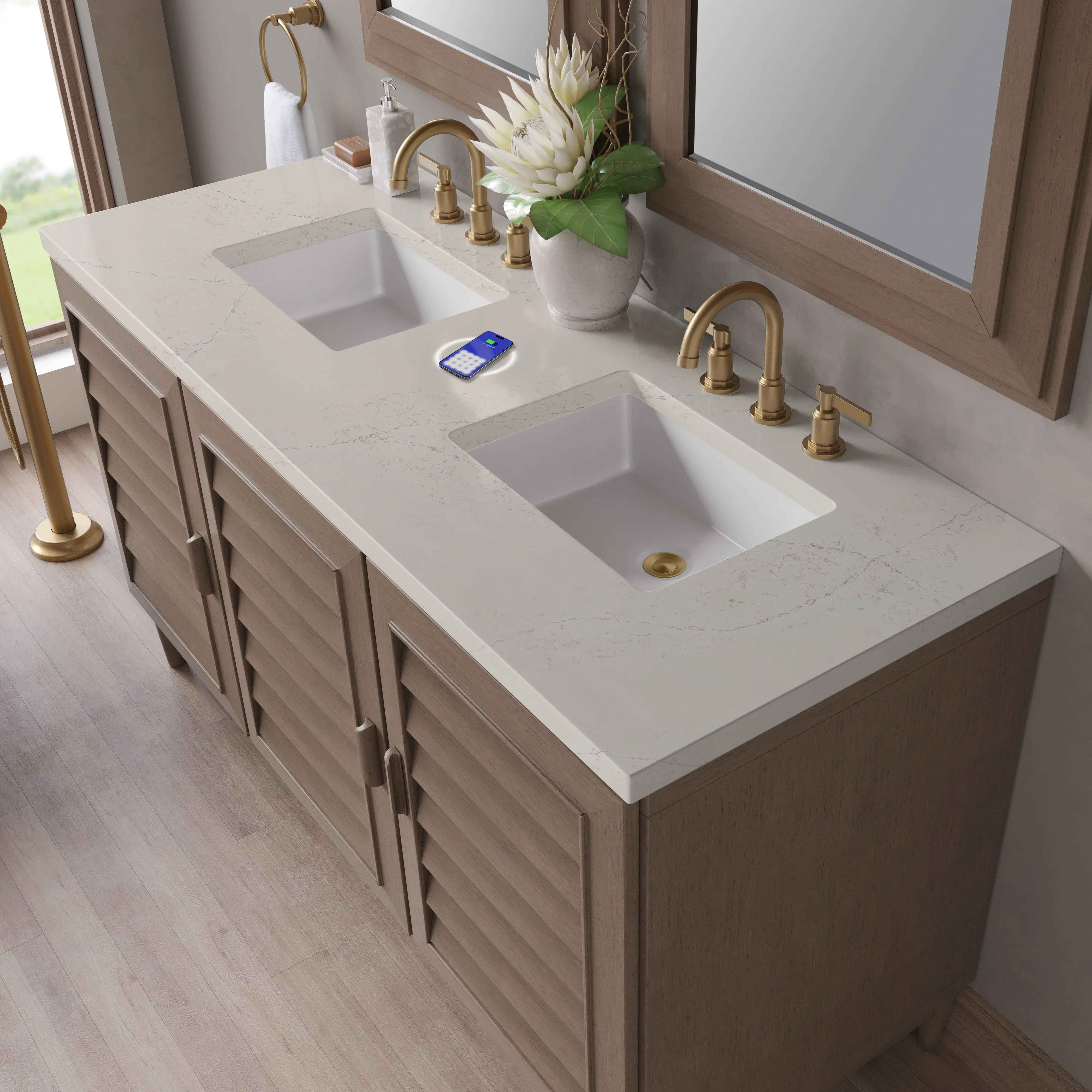 Portland 60" Double Vanity, Whitewashed Walnut, w/ 3 CM Siberian Silestone Top w/FreePower Wireless Charger