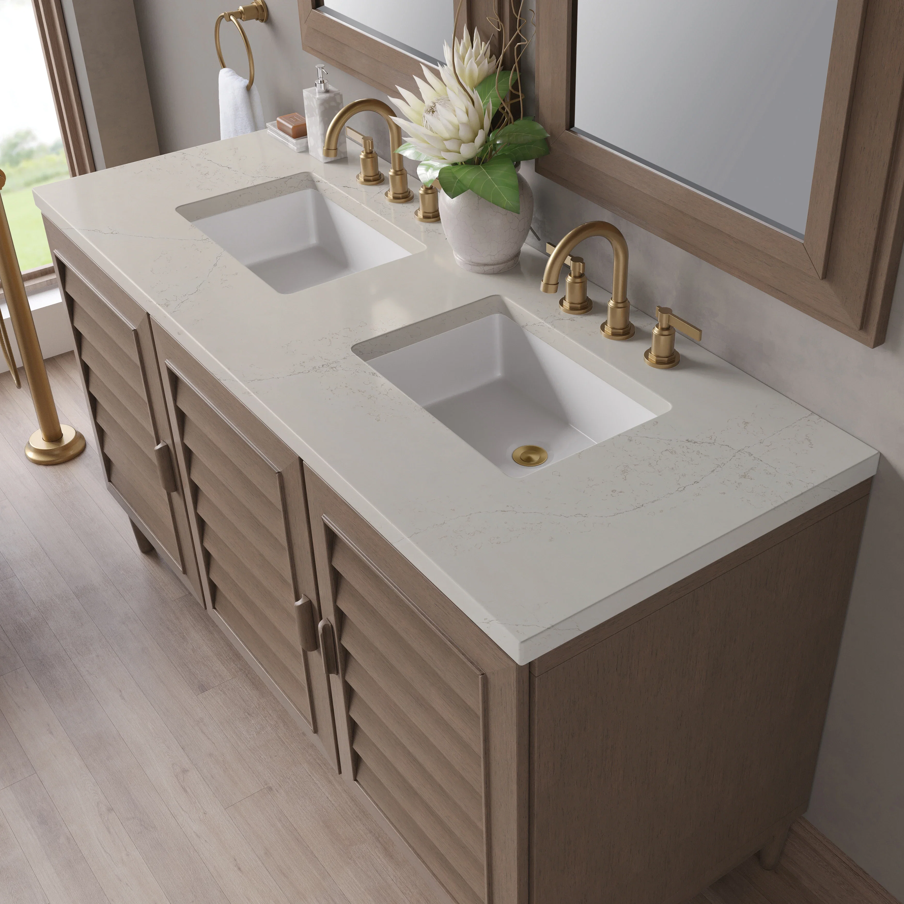 Portland 60" Double Vanity, Whitewashed Walnut, w/ 3 CM Siberian Silestone Top w/FreePower Wireless Charger