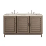 Portland 60" Double Vanity, Whitewashed Walnut, w/ 3 CM Tajnar Eclos Top w/FreePower Wireless Charger
