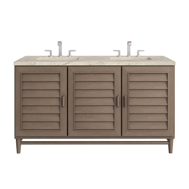 Portland 60" Double Vanity, Whitewashed Walnut, w/ 3 CM Tajnar Eclos Top w/FreePower Wireless Charger