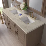 Portland 60" Double Vanity, Whitewashed Walnut, w/ 3 CM Tajnar Eclos Top w/FreePower Wireless Charger