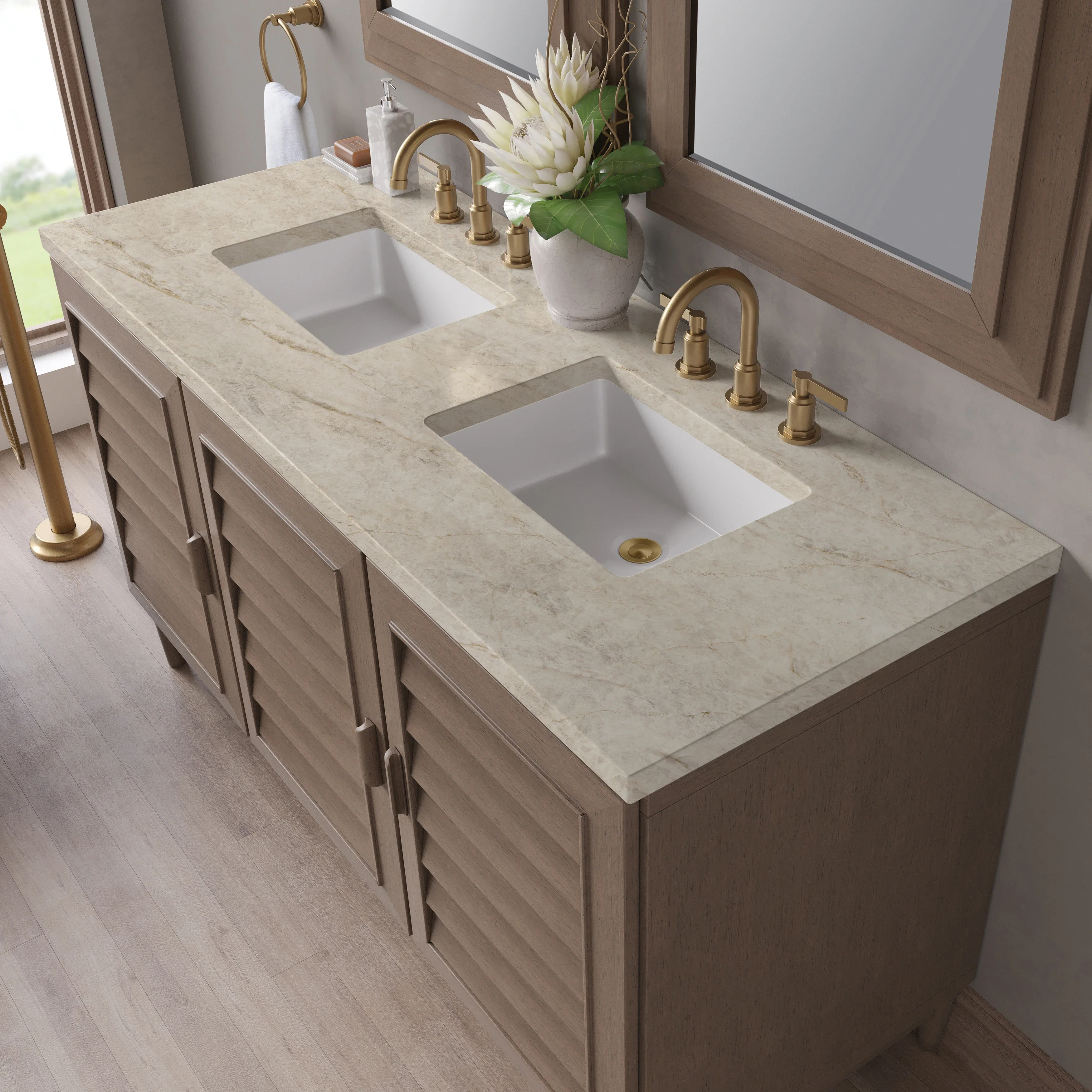 Portland 60" Double Vanity, Whitewashed Walnut, w/ 3 CM Tajnar Eclos Top w/FreePower Wireless Charger