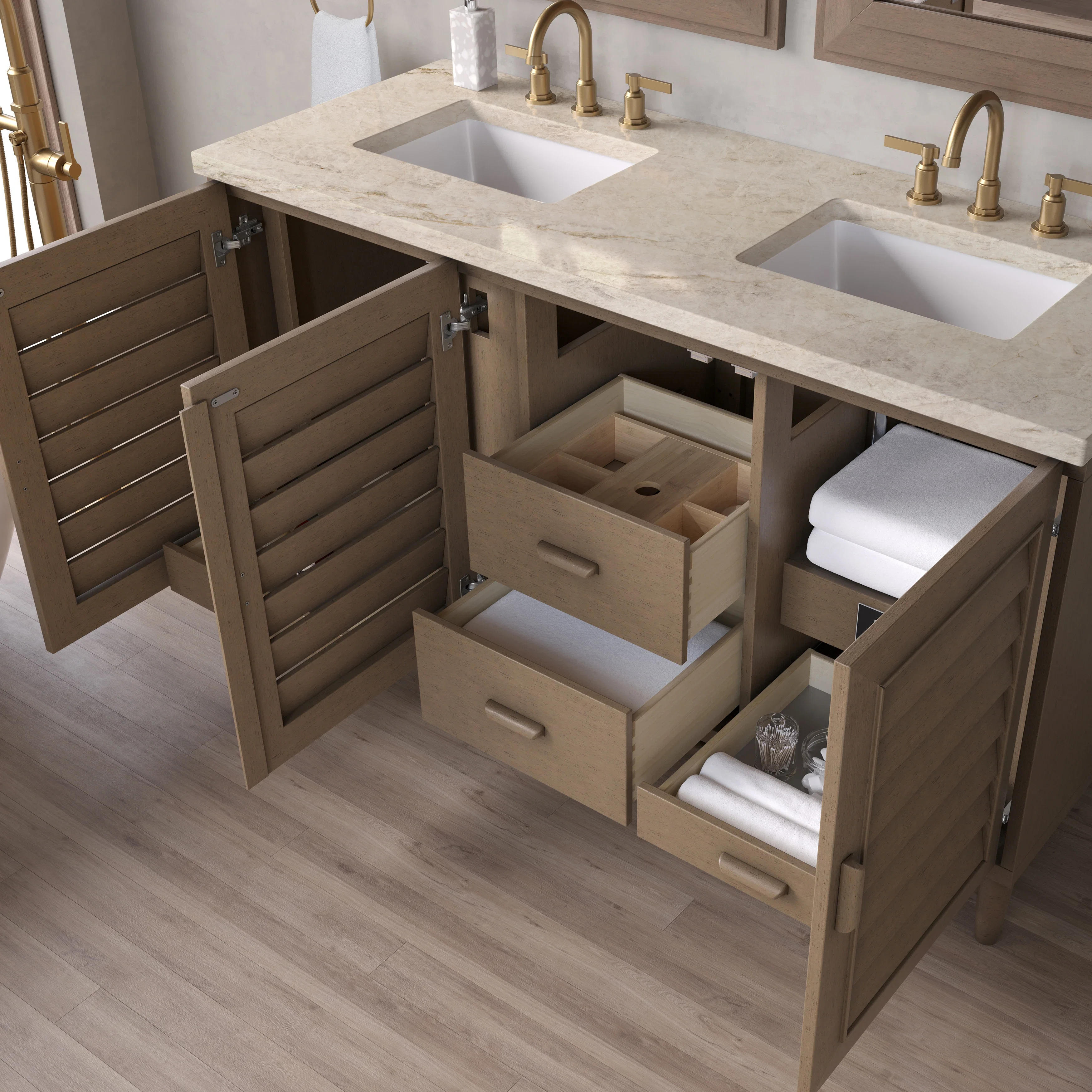 Portland 60" Double Vanity, Whitewashed Walnut, w/ 3 CM Tajnar Eclos Top w/FreePower Wireless Charger