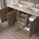 Portland 60" Double Vanity, Whitewashed Walnut, w/ 3 CM Tajnar Eclos Top w/FreePower Wireless Charger