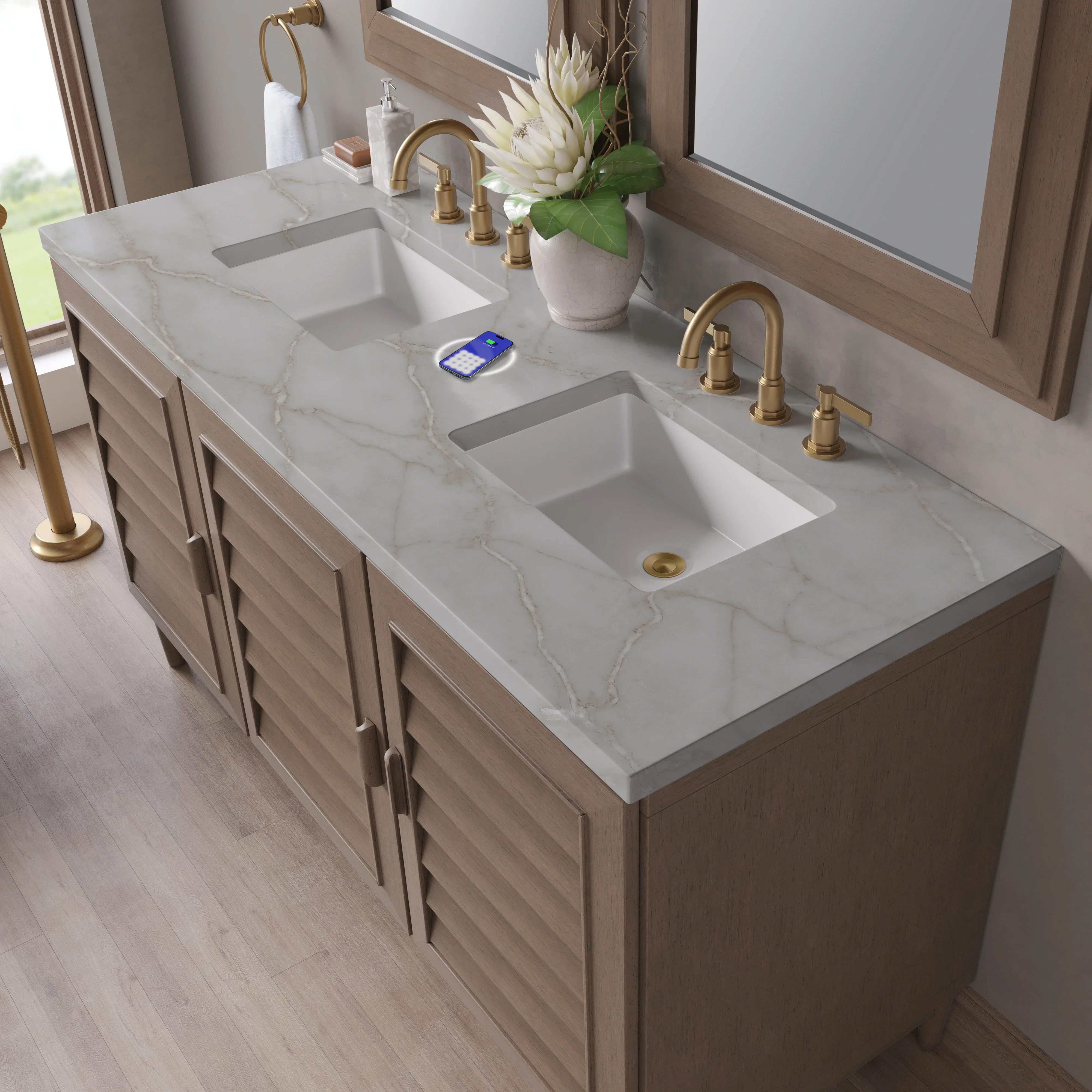 Portland 60" Double Vanity Whitewashed Walnut w/ 3 CM Victorian Silver Silestone Top w/FreePower Wireless Charger
