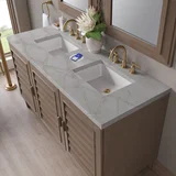 Portland 60" Double Vanity Whitewashed Walnut w/ 3 CM Victorian Silver Silestone Top w/FreePower Wireless Charger