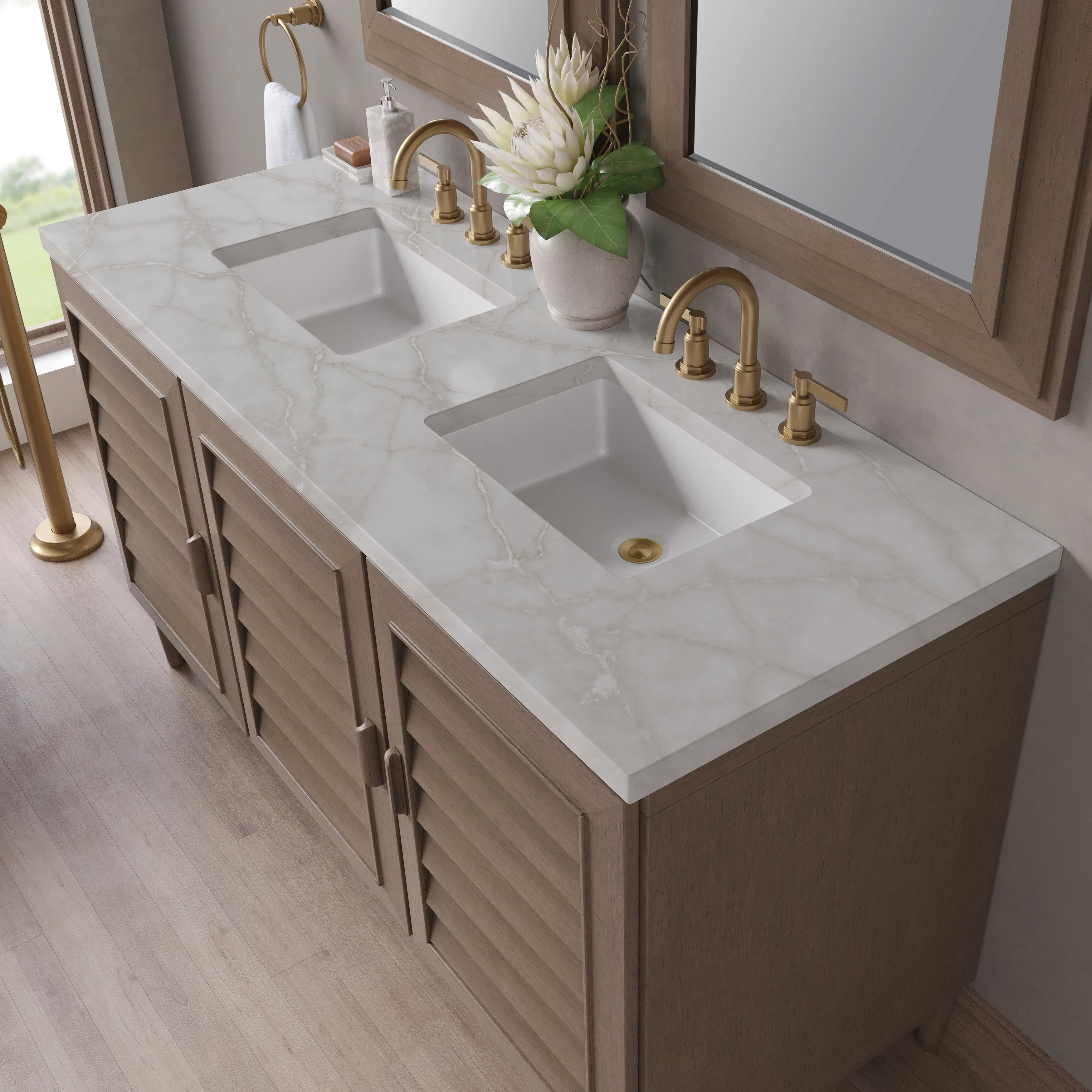 Portland 60" Double Vanity Whitewashed Walnut w/ 3 CM Victorian Silver Silestone Top w/FreePower Wireless Charger