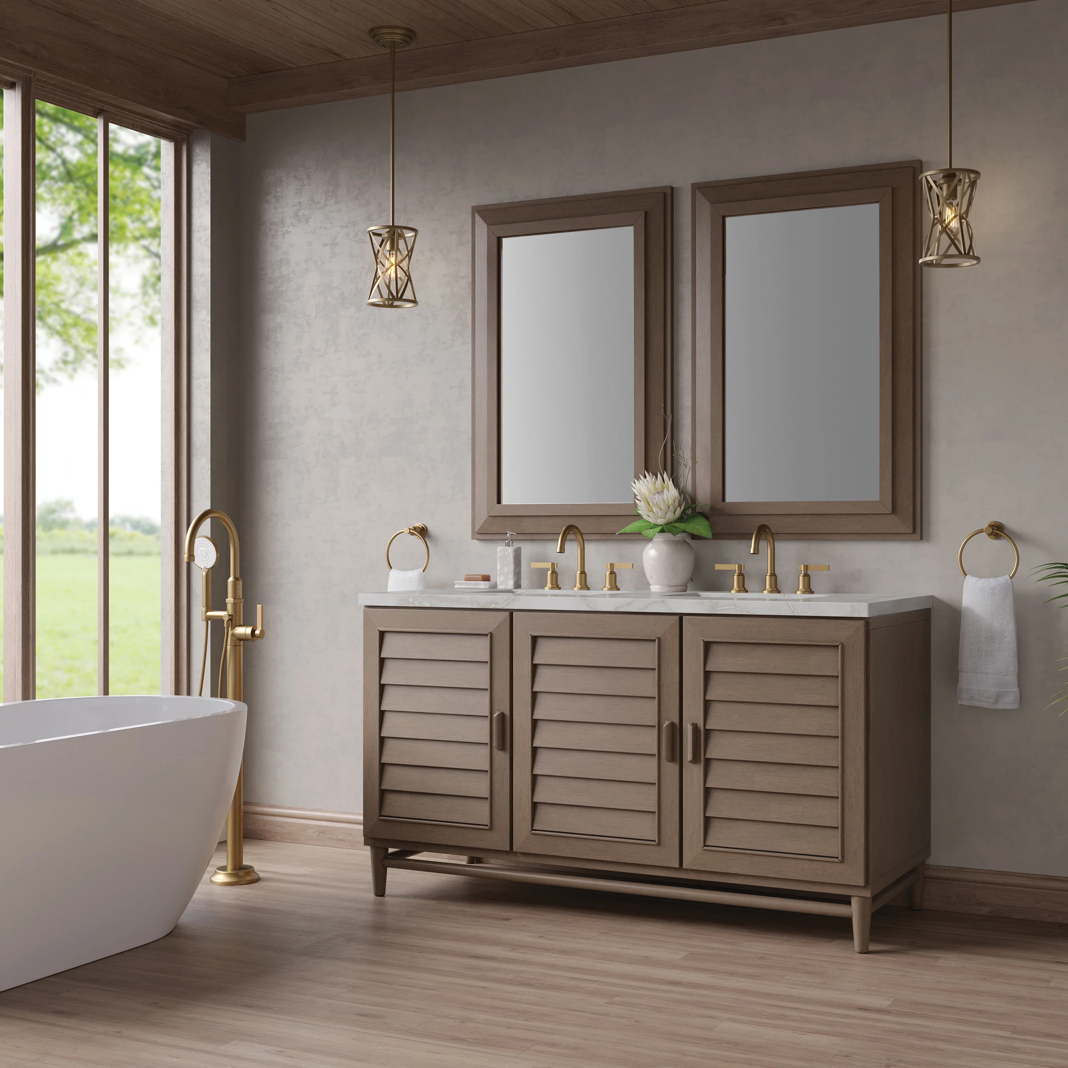 Portland 60" Double Vanity Whitewashed Walnut w/ 3 CM Victorian Silver Silestone Top w/FreePower Wireless Charger