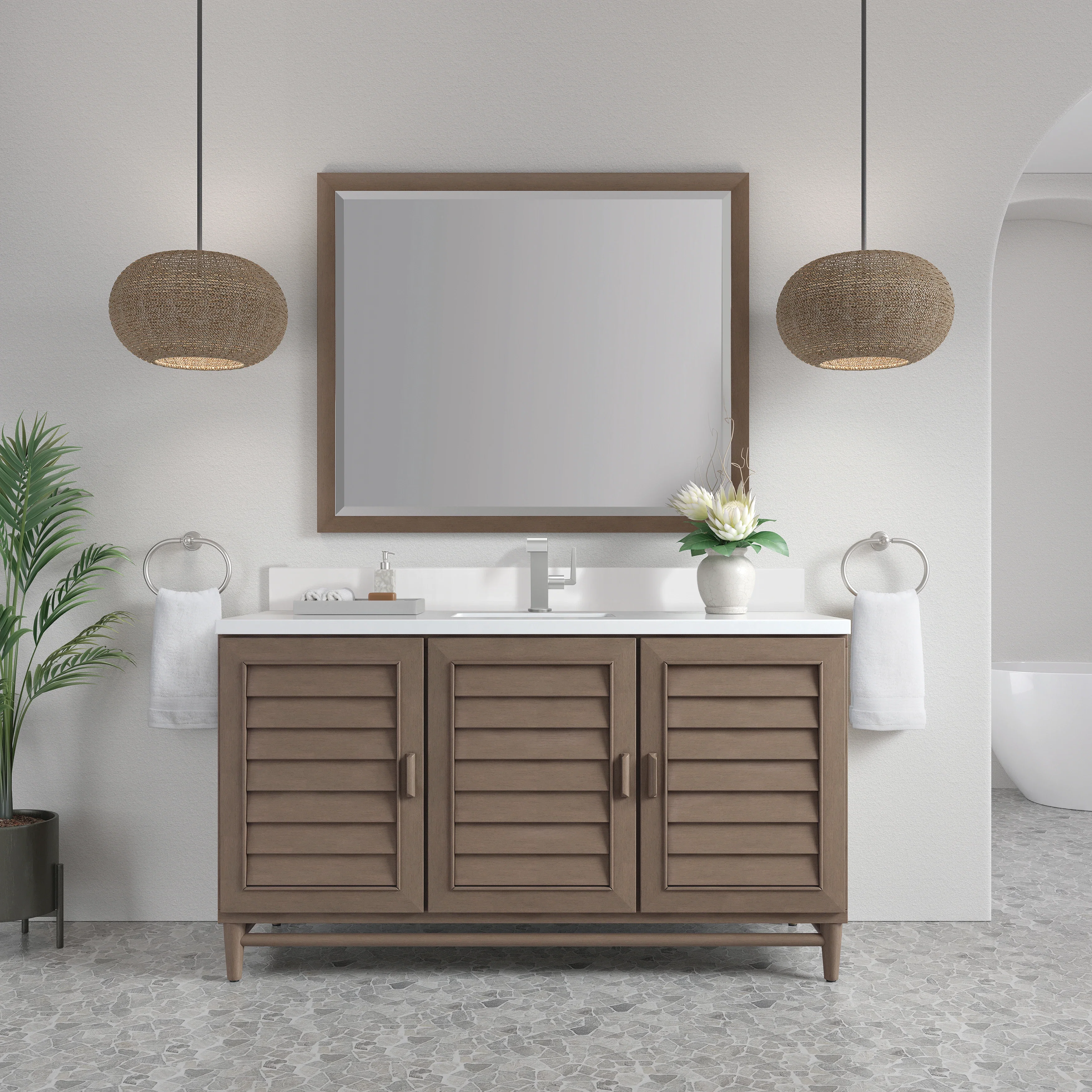 Portland 60" Single Vanity Whitewashed Walnut w/ Single Hole 3 CM White Zeus Silestone Top & Backsplash