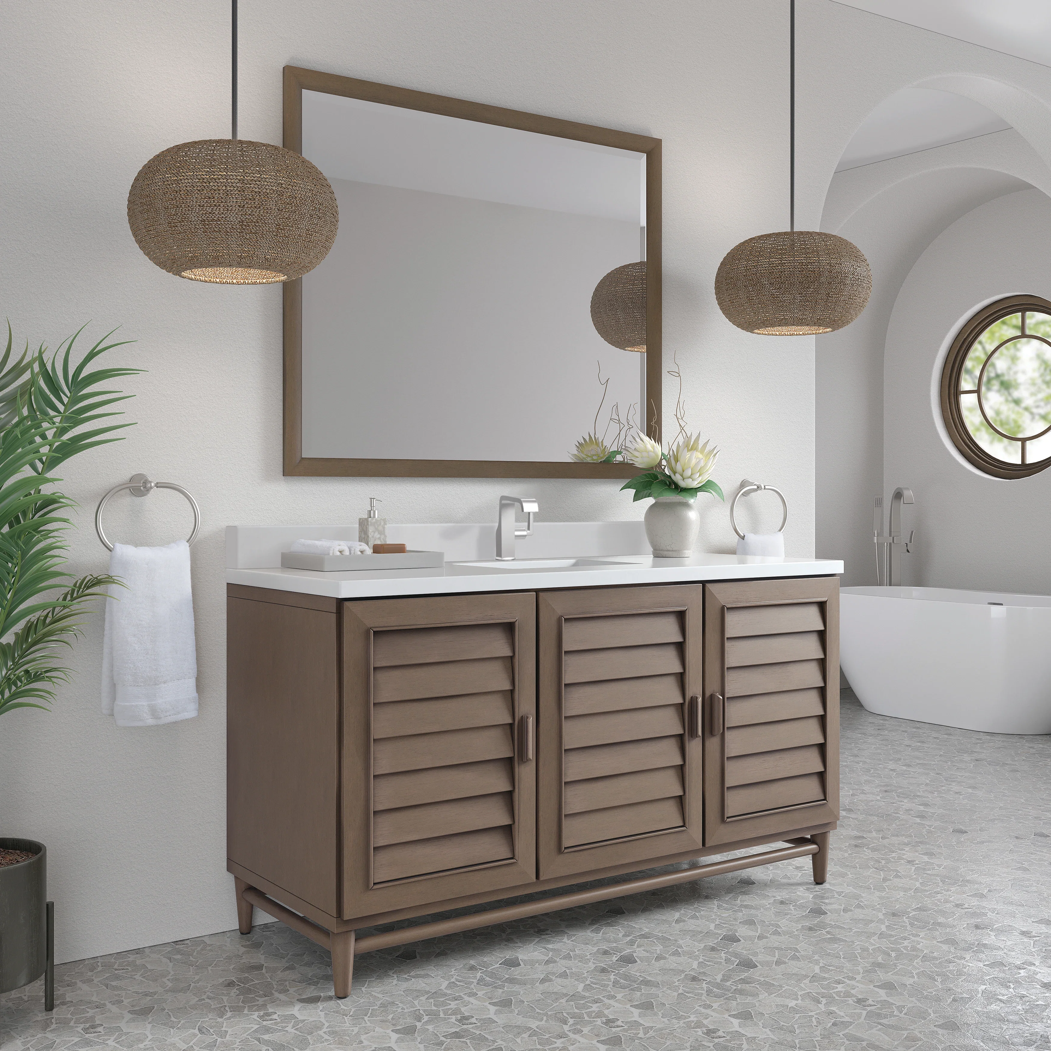 Portland 60" Single Vanity Whitewashed Walnut w/ Single Hole 3 CM White Zeus Silestone Top & Backsplash