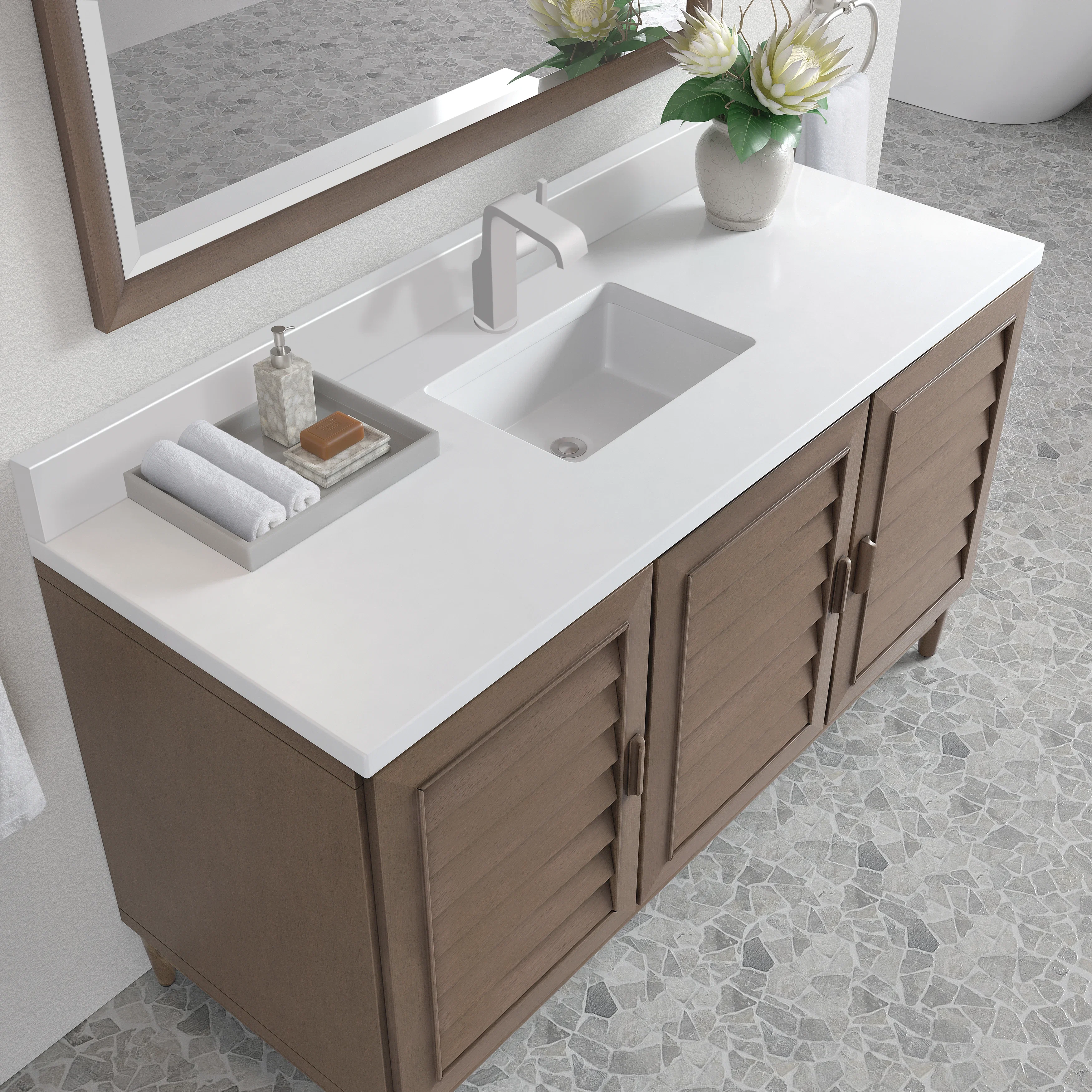 Portland 60" Single Vanity Whitewashed Walnut w/ Single Hole 3 CM White Zeus Silestone Top & Backsplash