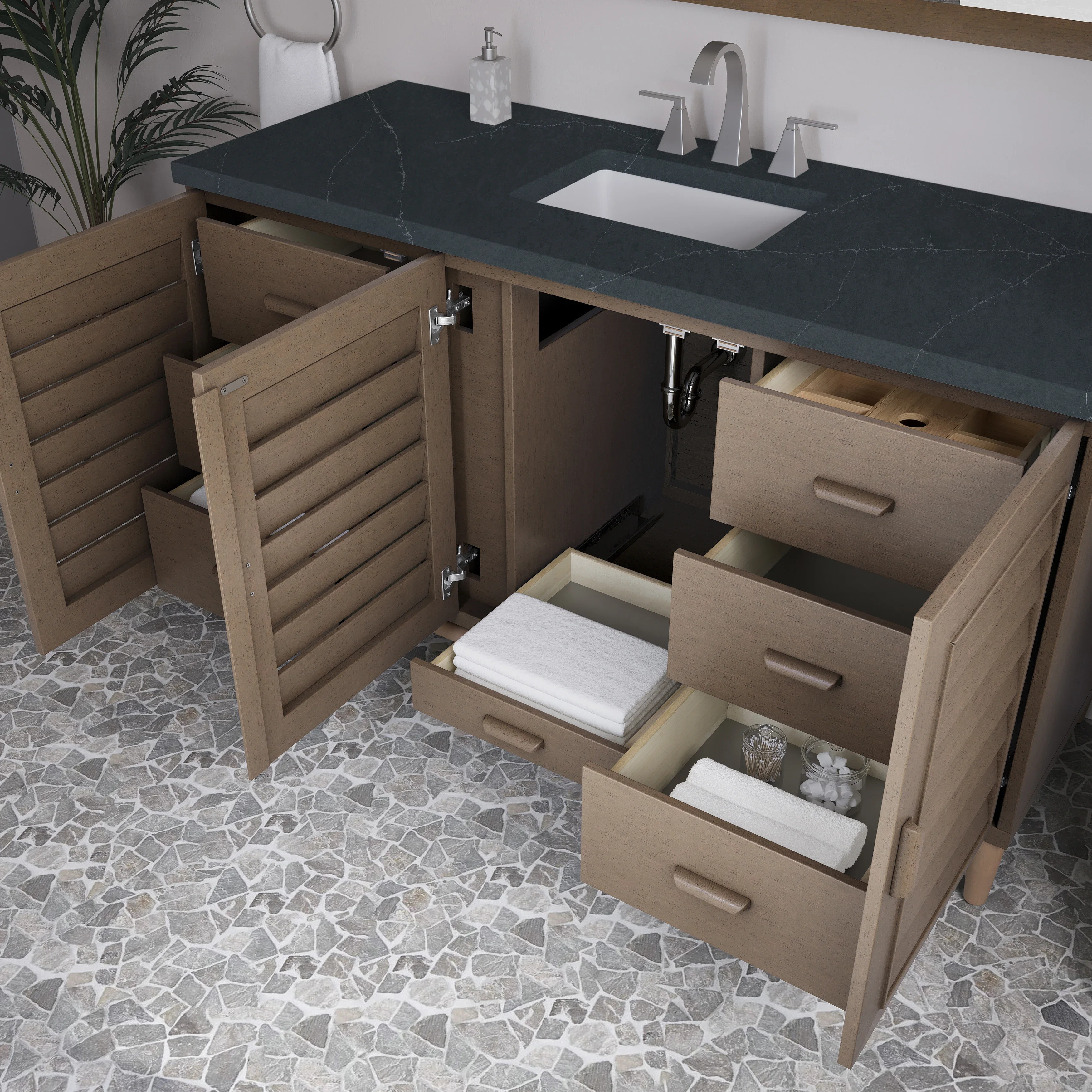 Portland 60" Single Vanity Whitewashed Walnut w/ 3 CM Charcoal Soapstone Silestone Top