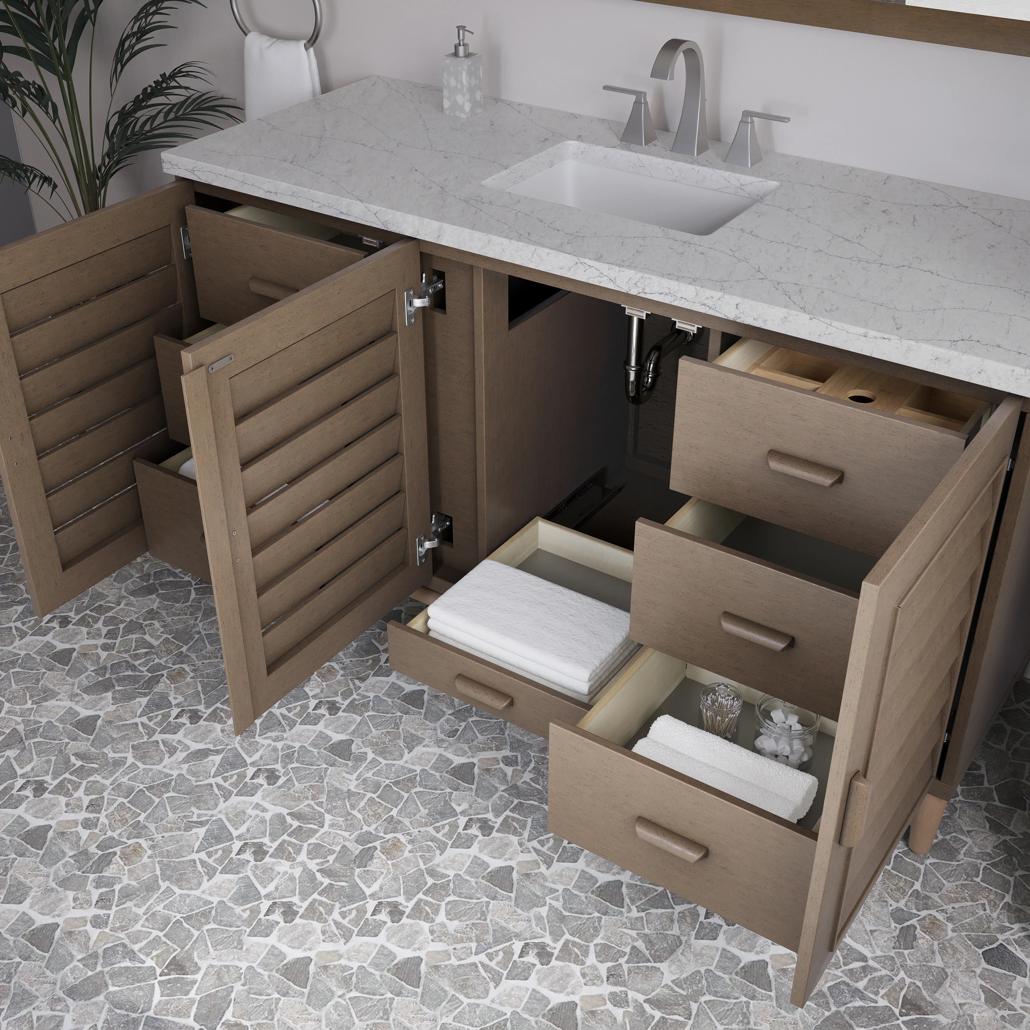 Portland 60" Single Vanity Whitewashed Walnut w/ 3 CM Eternal Jasmine Pearl Silestone Top