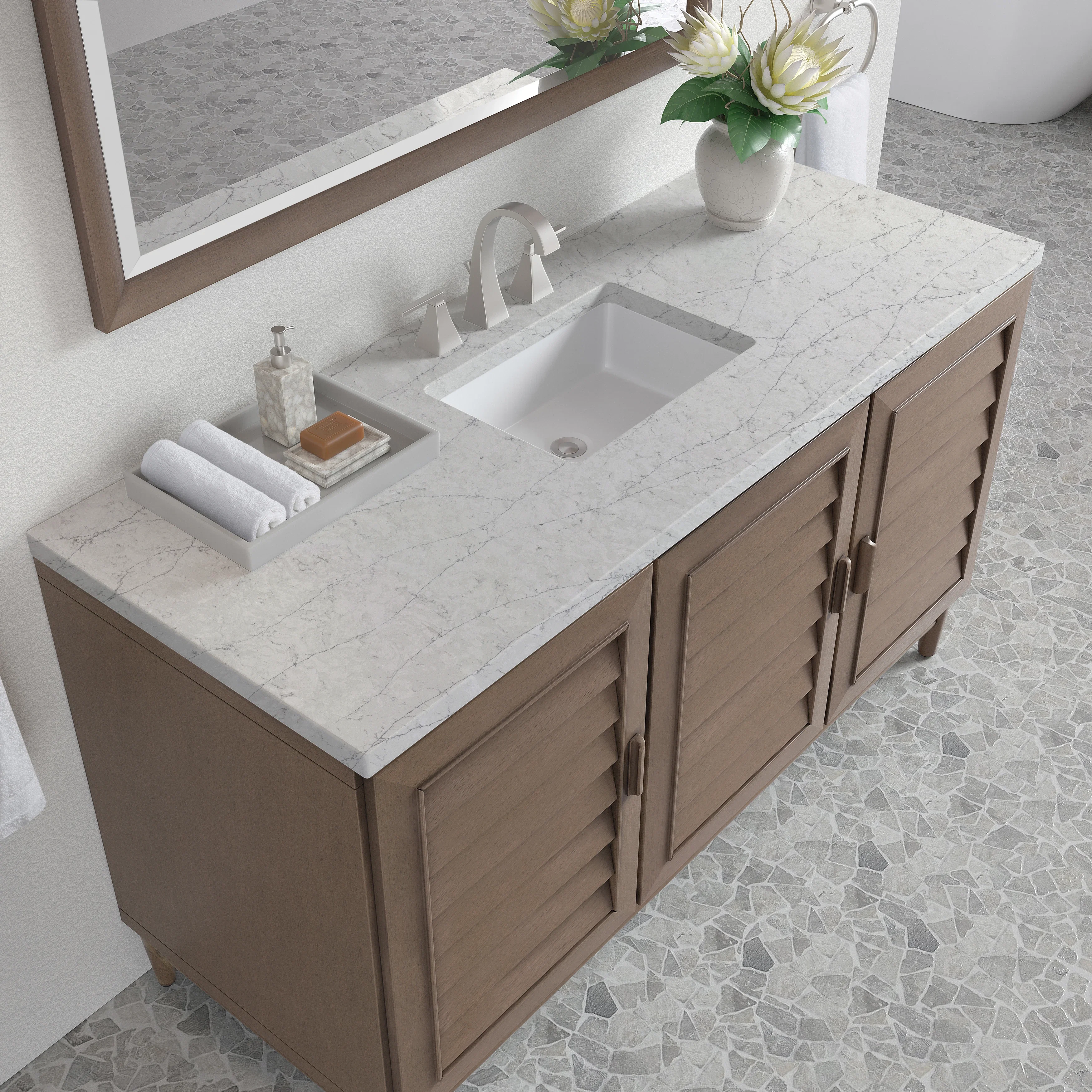 Portland 60" Single Vanity Whitewashed Walnut w/ 3 CM Eternal Jasmine Pearl Silestone Top