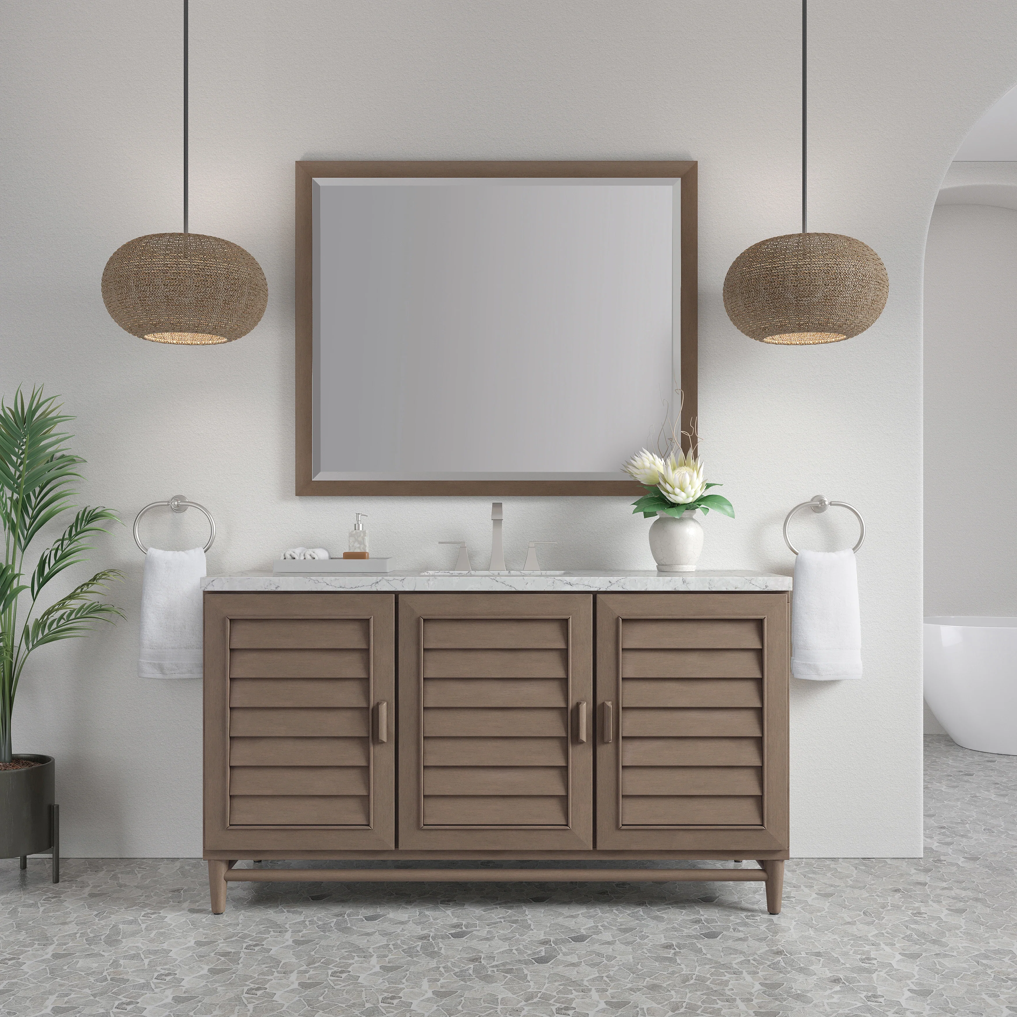 Portland 60" Single Vanity Whitewashed Walnut w/ 3 CM Eternal Jasmine Pearl Silestone Top w/FreePower Wireless Charger