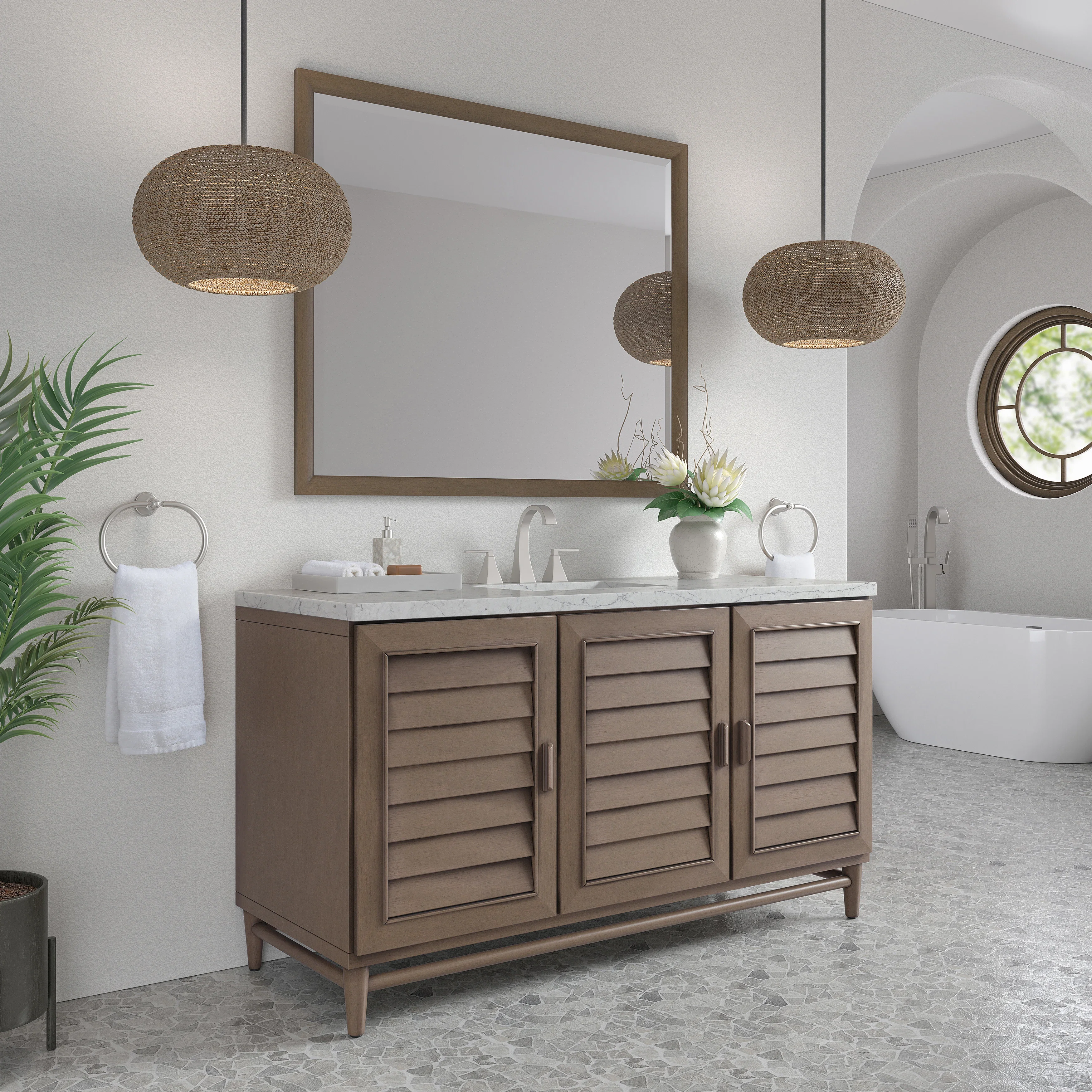 Portland 60" Single Vanity Whitewashed Walnut w/ 3 CM Eternal Jasmine Pearl Silestone Top w/FreePower Wireless Charger