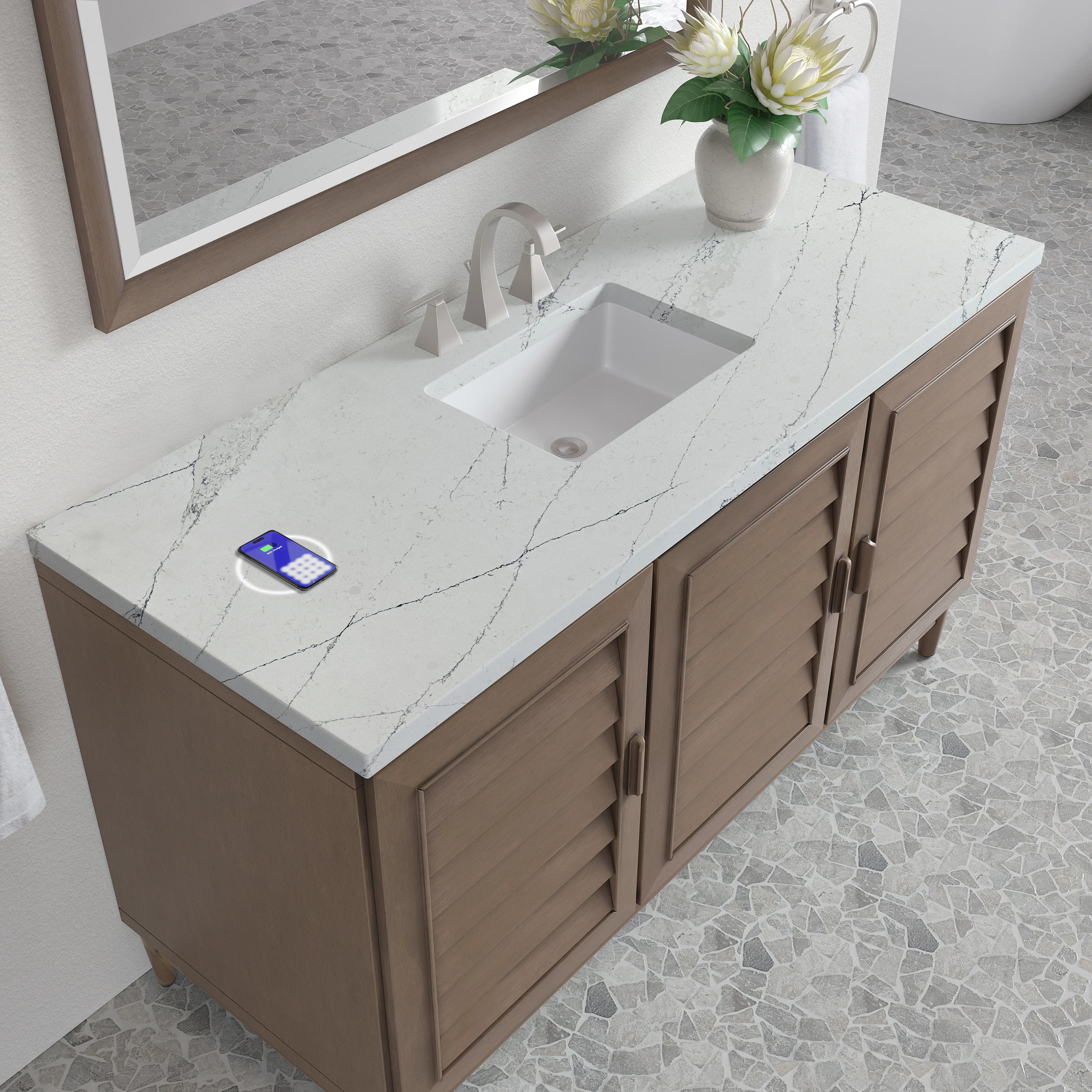 Portland 60" Single Vanity Whitewashed Walnut w/ 3 CM Ethereal Noctis Silestone Top w/FreePower Wireless Charger