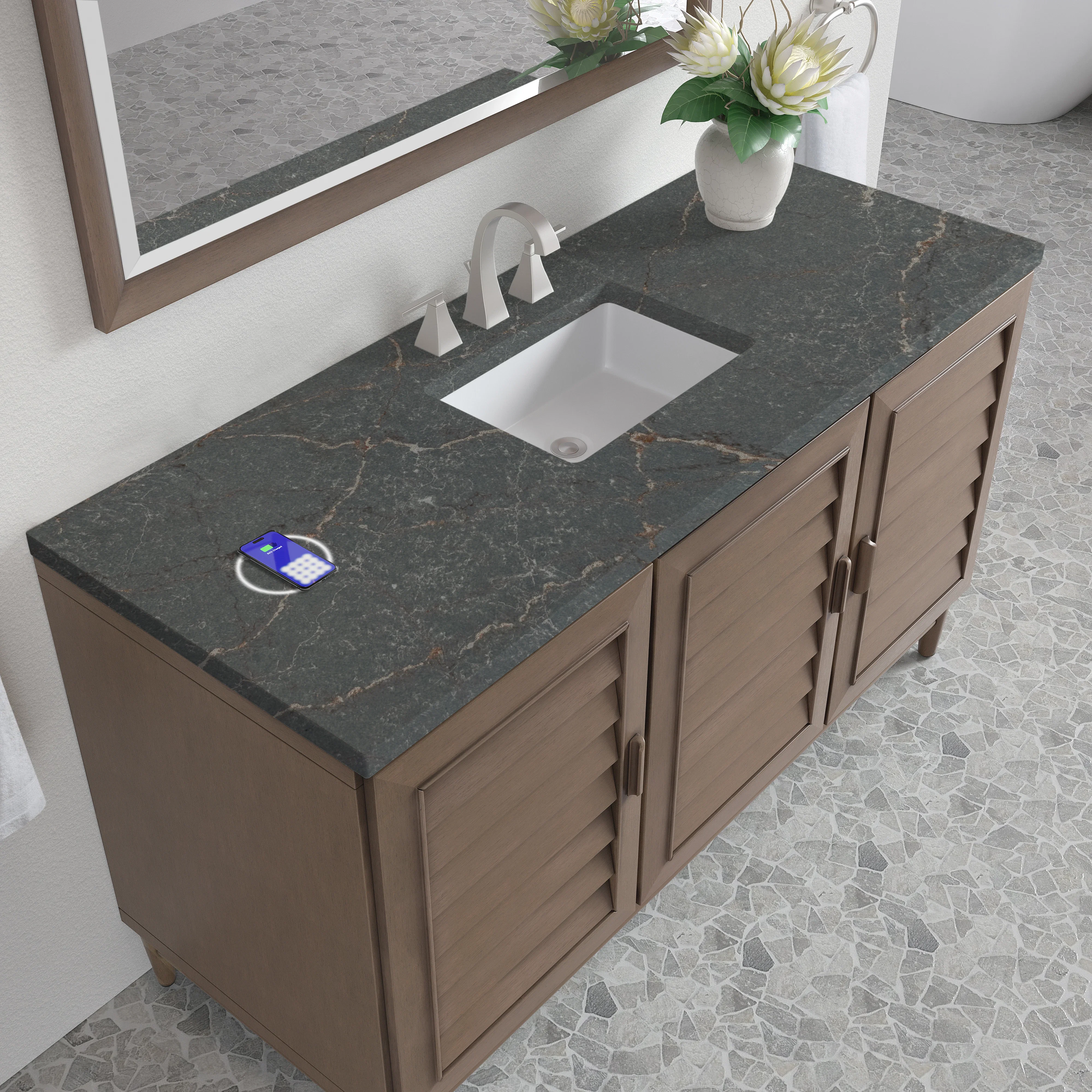 Portland 60" Single Vanity Whitewashed Walnut w/ 3 CM Parisien Bleu Silestone Top w/FreePower Wireless Charger