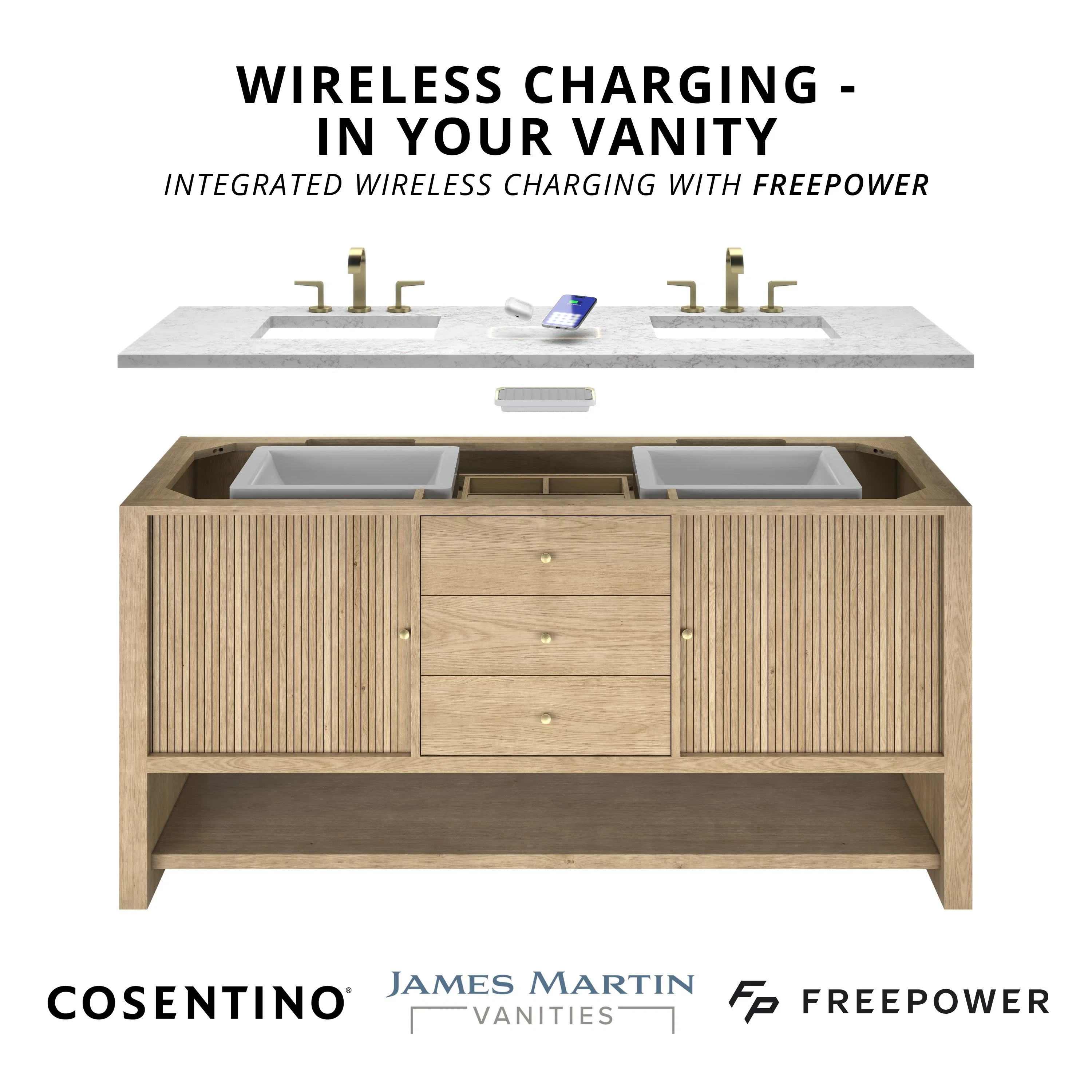 Portland 60" Single Vanity Whitewashed Walnut w/ 3 CM Parisien Bleu Silestone Top w/FreePower Wireless Charger