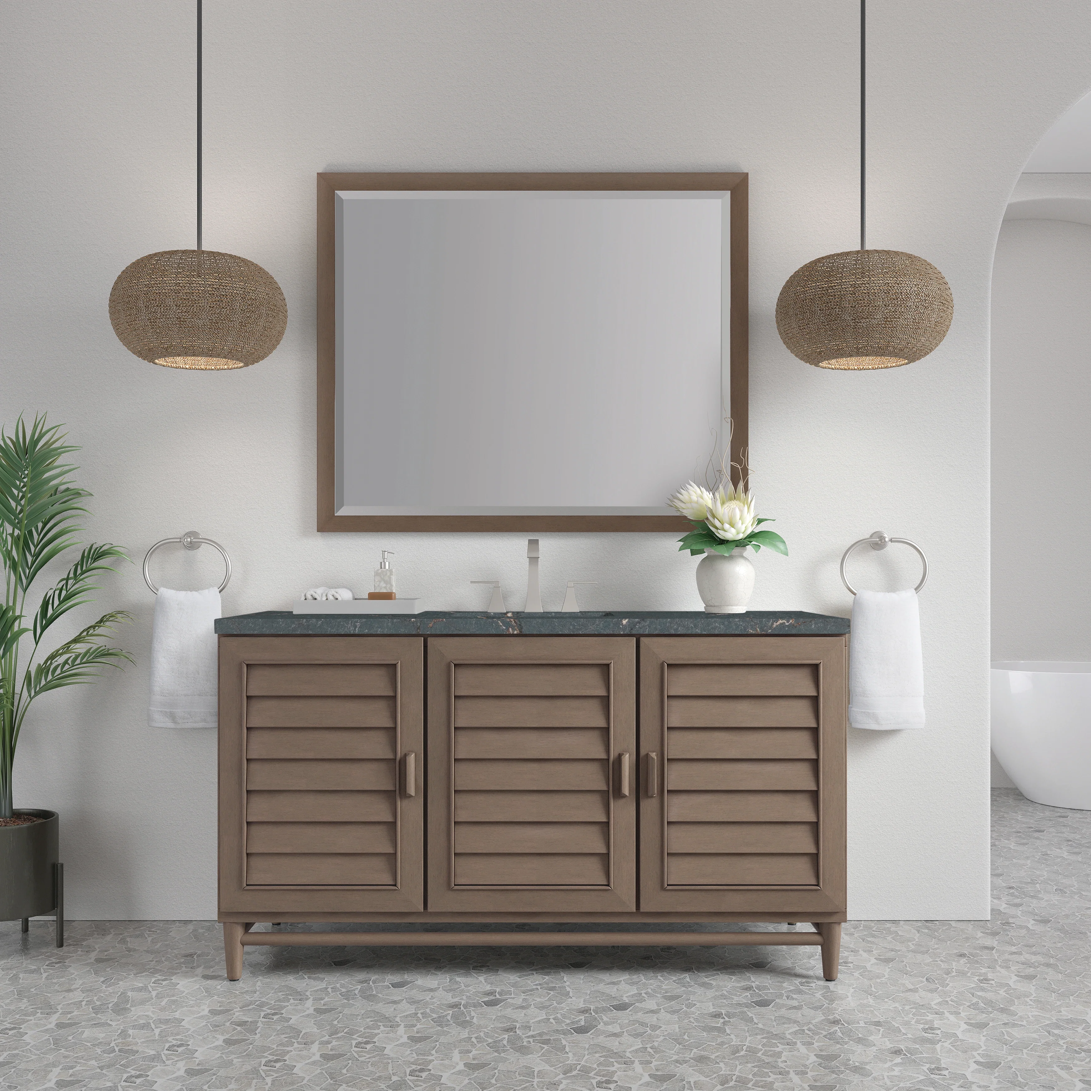 Portland 60" Single Vanity Whitewashed Walnut w/ 3 CM Parisien Bleu Silestone Top w/FreePower Wireless Charger