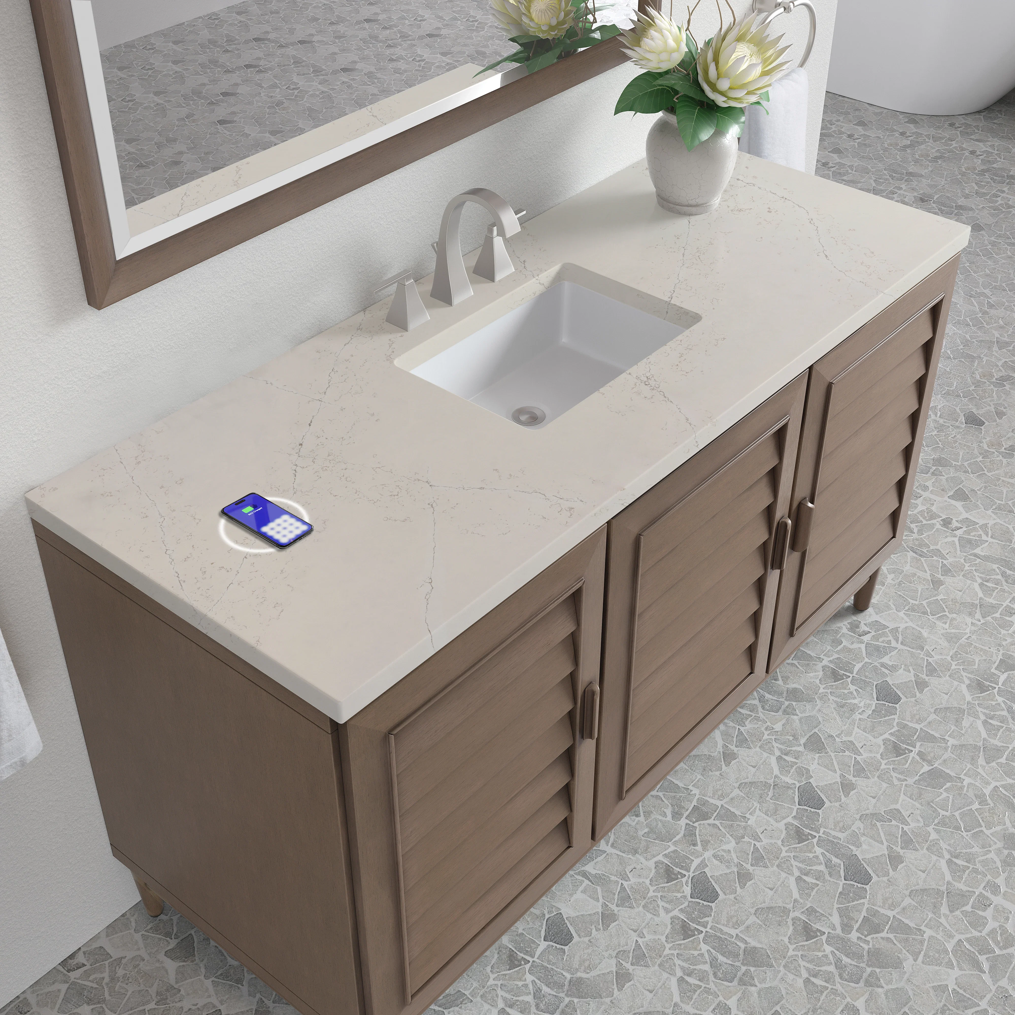Portland 60" Single Vanity, Whitewashed Walnut, w/ 3 CM Siberian Silestone Top w/FreePower Wireless Charger