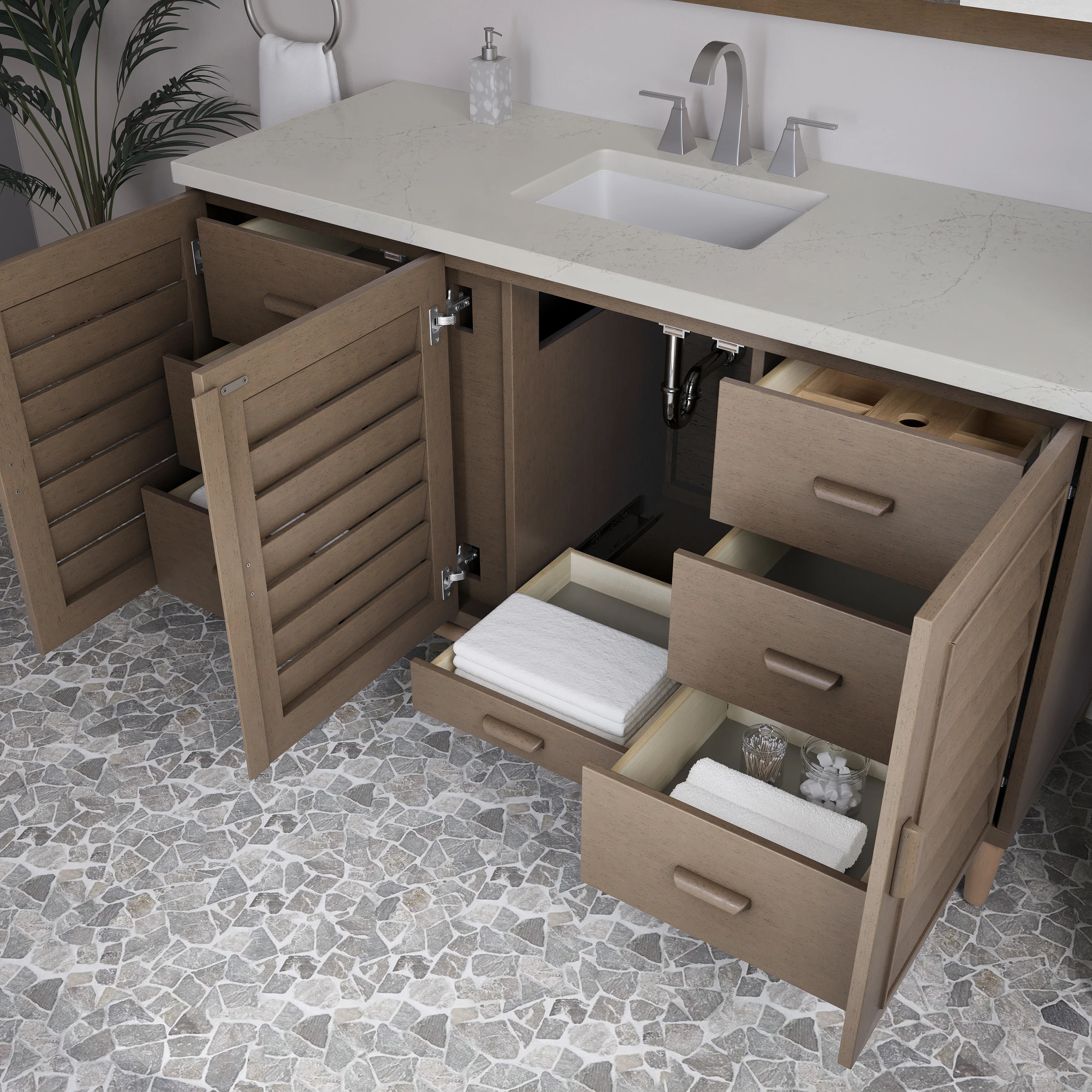 Portland 60" Single Vanity, Whitewashed Walnut, w/ 3 CM Siberian Silestone Top w/FreePower Wireless Charger