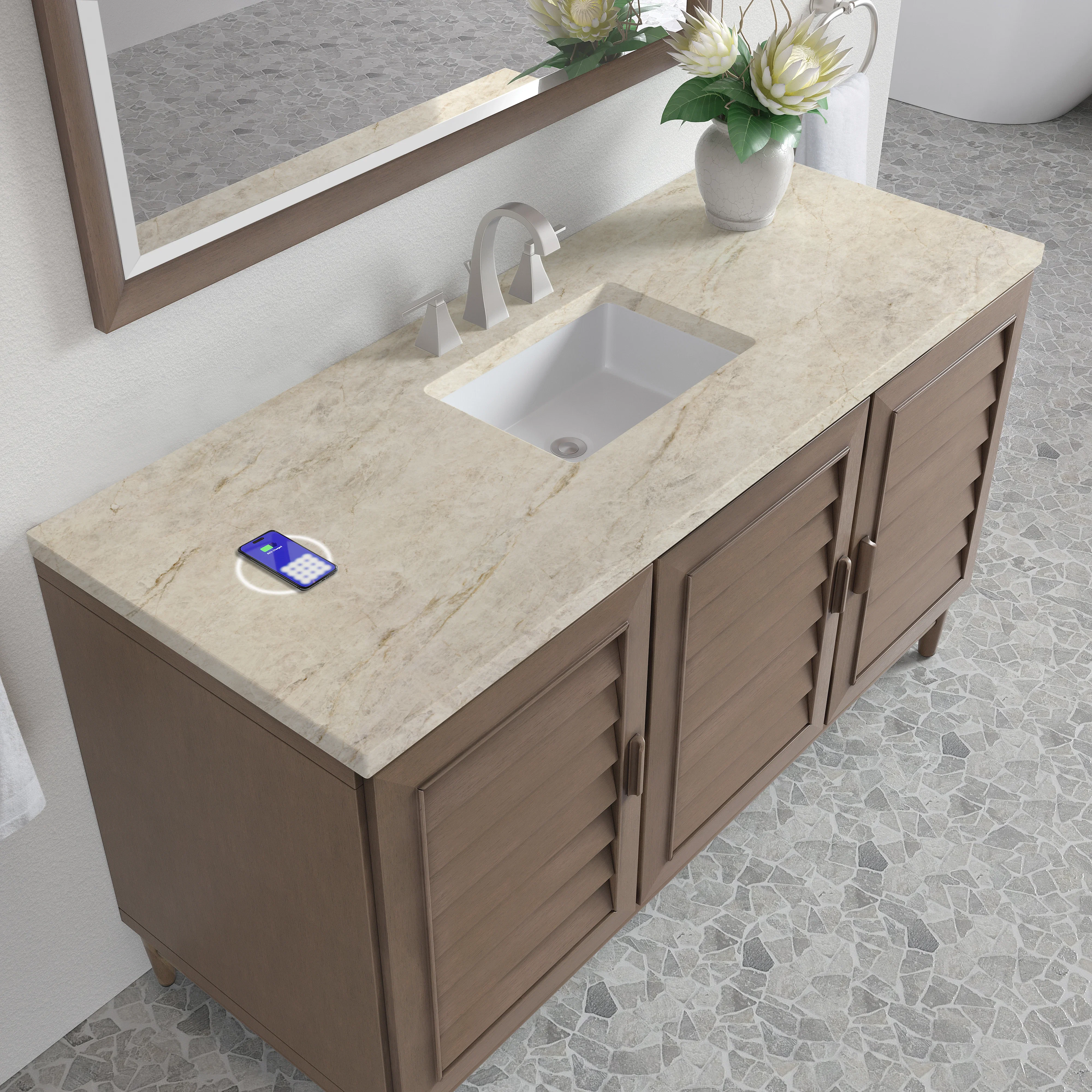 Portland 60" Single Vanity, Whitewashed Walnut, w/ 3 CM Tajnar Eclos Top w/FreePower Wireless Charger