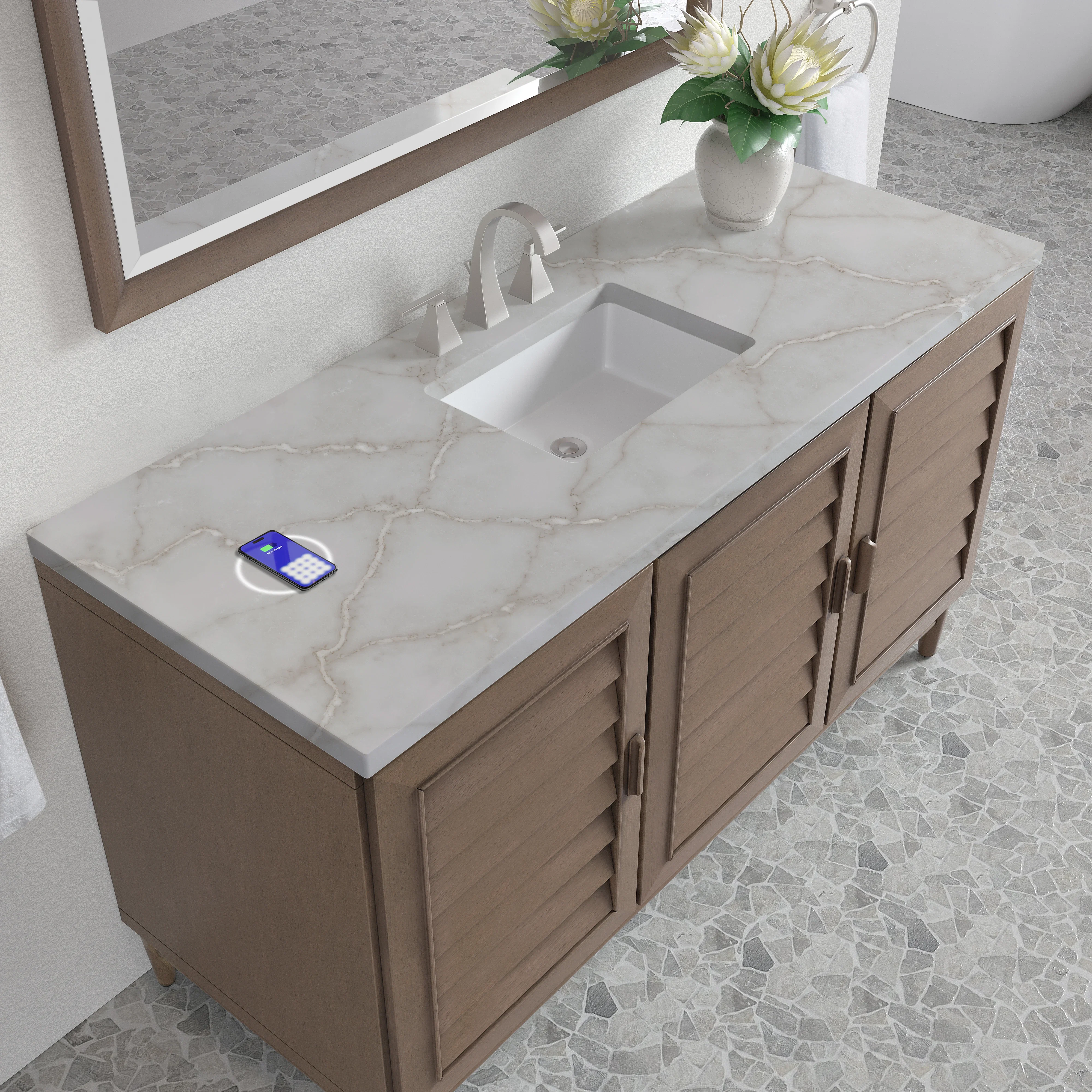 Portland 60" Single Vanity Whitewashed Walnut w/ 3 CM Victorian Silver Silestone Top w/FreePower Wireless Charger