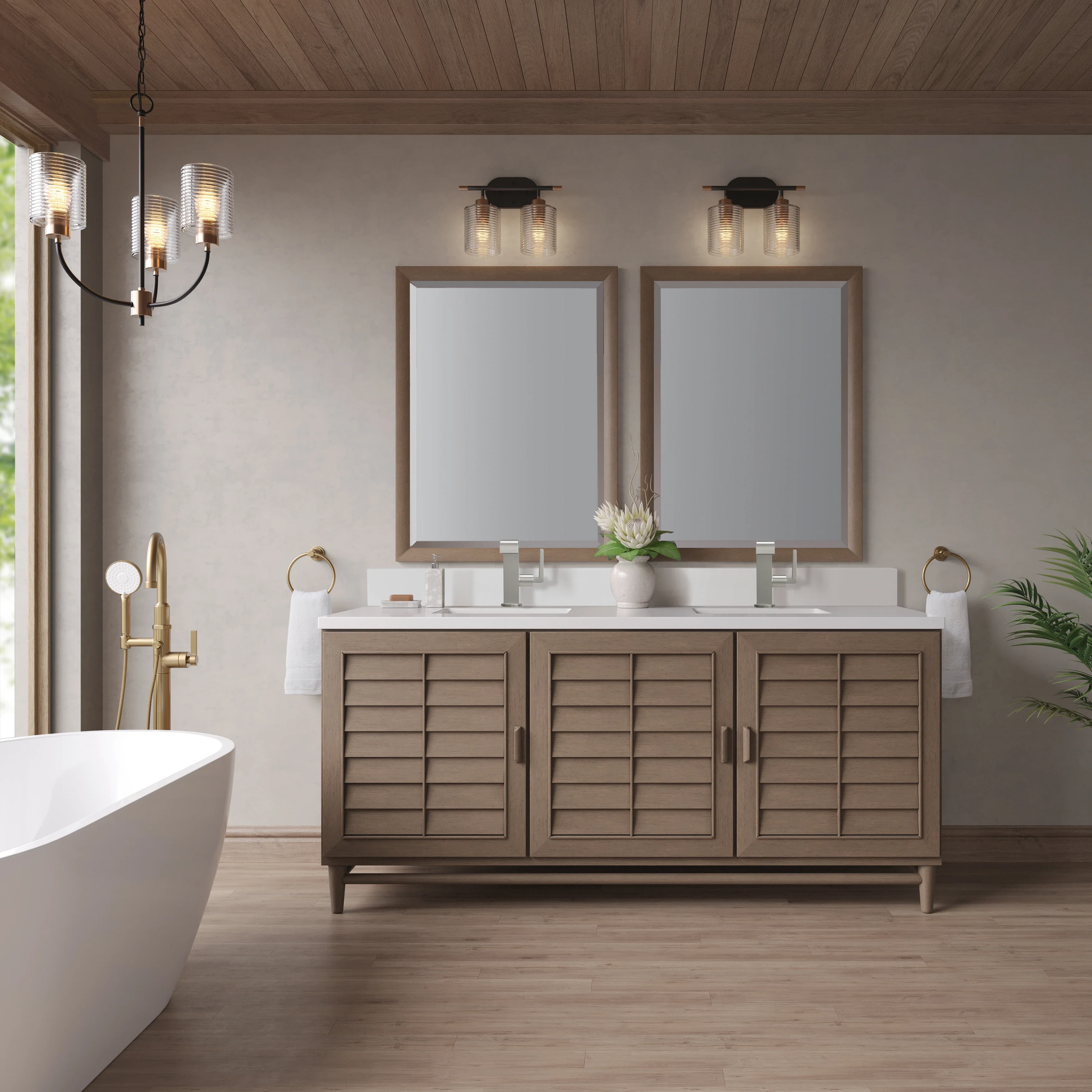 Portland 72" Double Vanity Whitewashed Walnut w/ Single Hole 3 CM White Zeus Silestone Top & Backsplash
