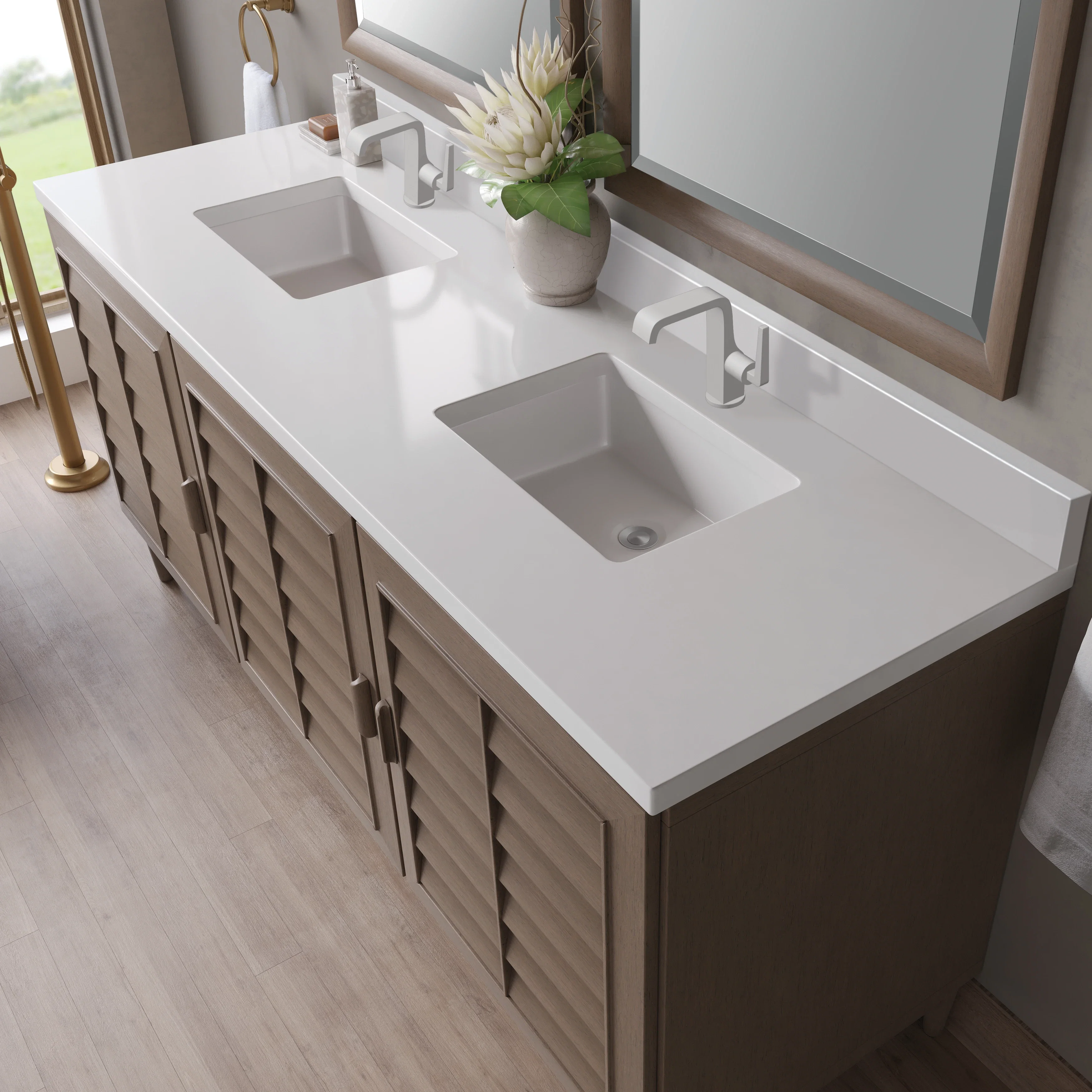 Portland 72" Double Vanity Whitewashed Walnut w/ Single Hole 3 CM White Zeus Silestone Top & Backsplash