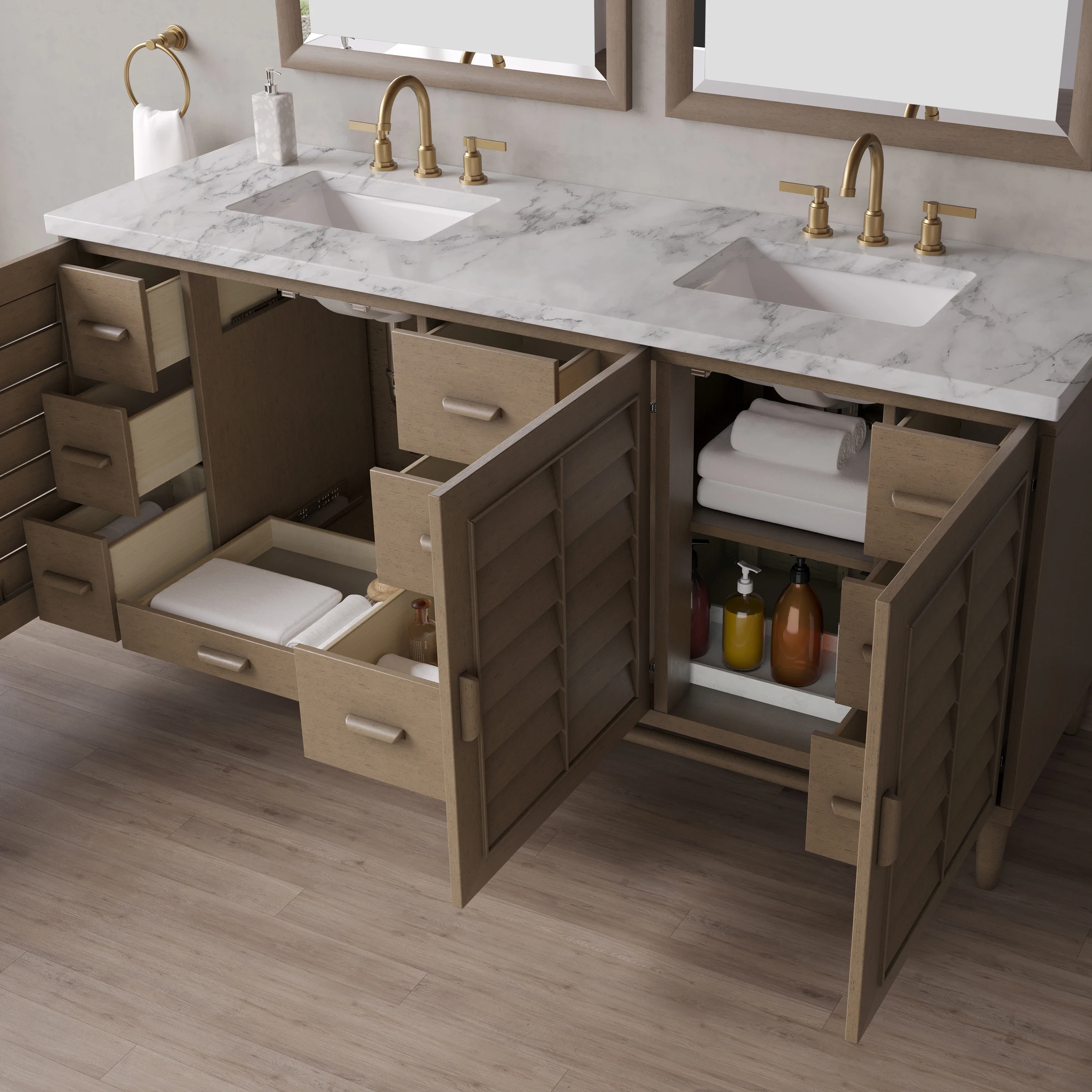 Portland 72" Double Vanity Whitewashed Walnut w/ 3 CM Carrara Marble Top