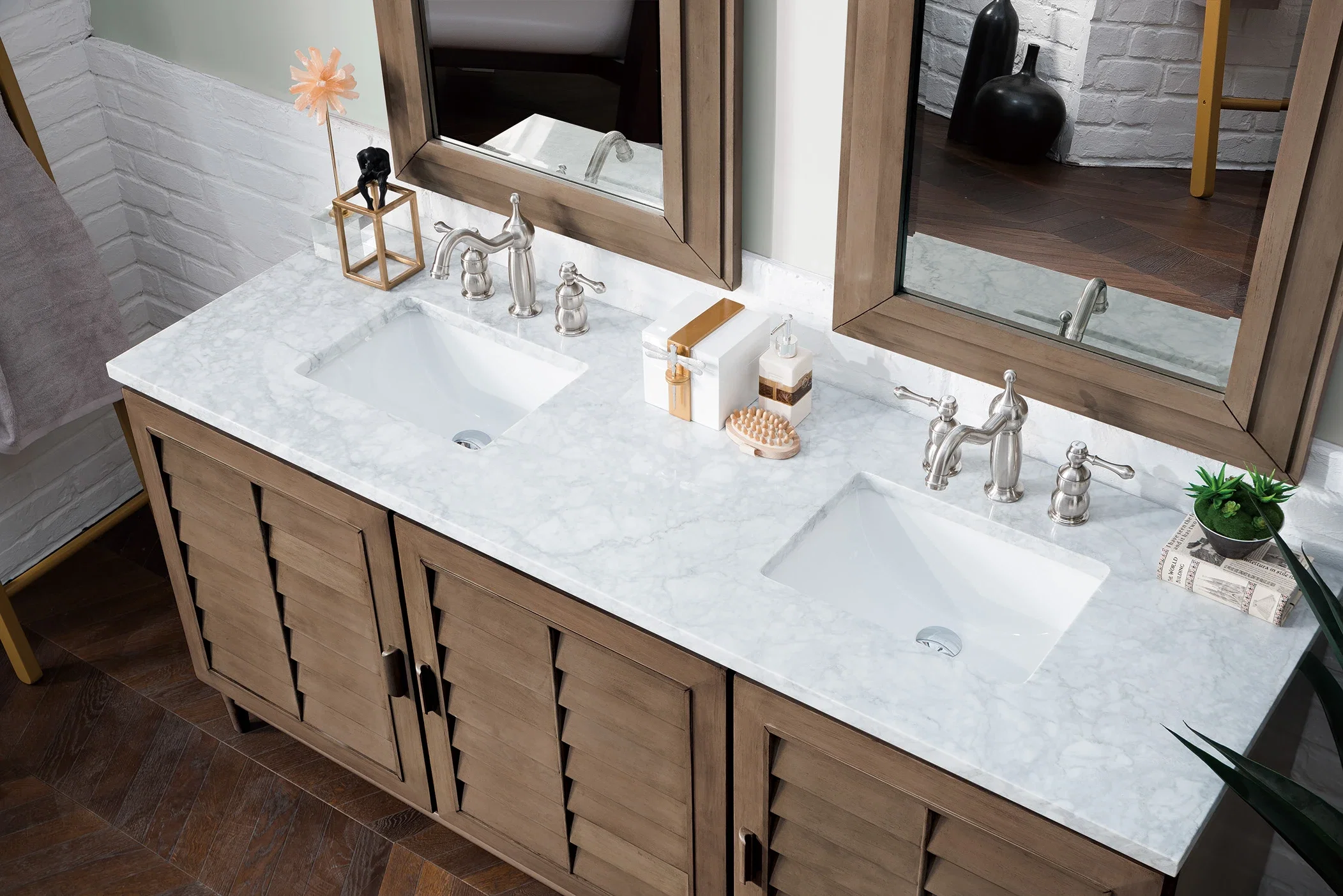 Portland 72" Double Vanity Whitewashed Walnut w/ 3 CM Carrara Marble Top