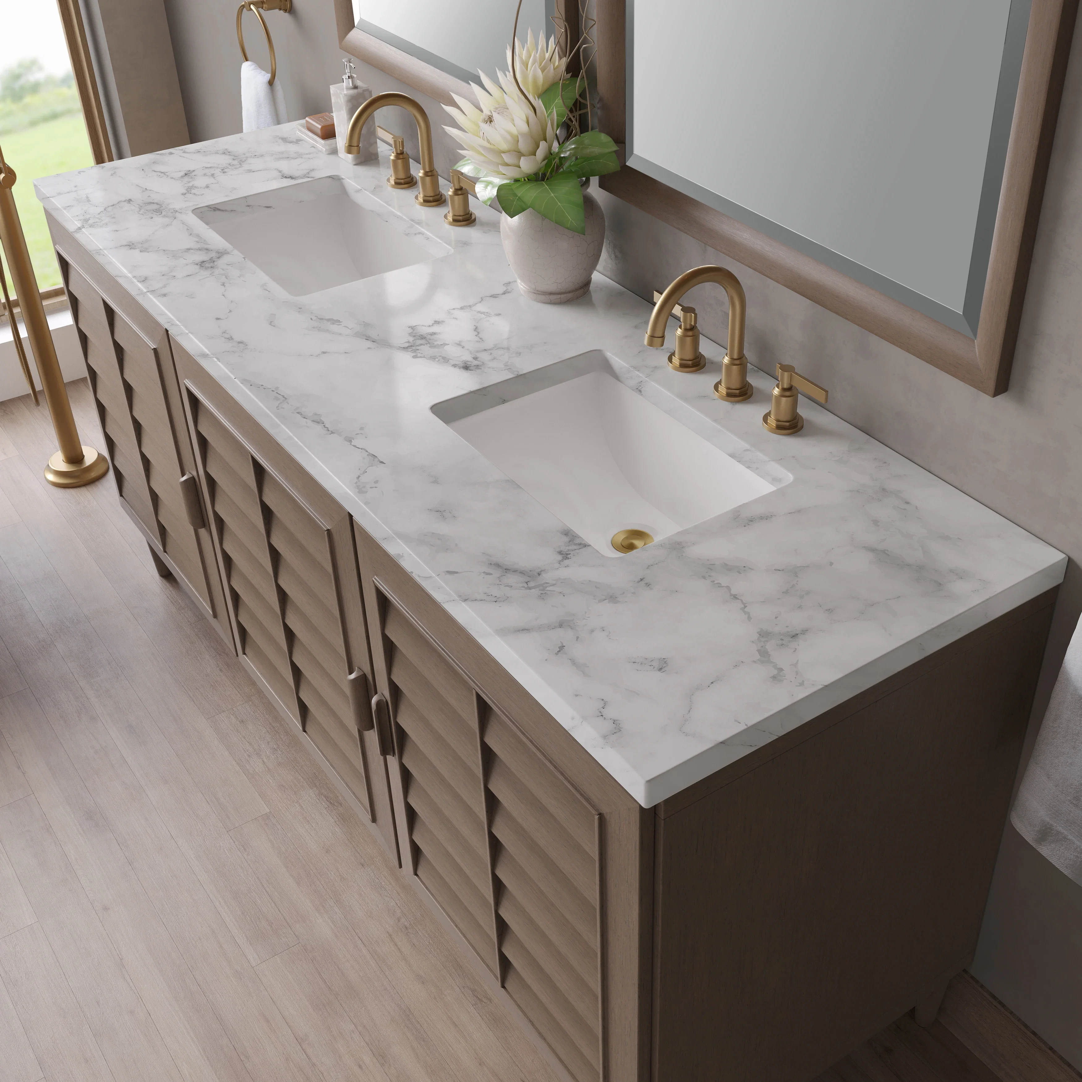 Portland 72" Double Vanity Whitewashed Walnut w/ 3 CM Carrara Marble Top