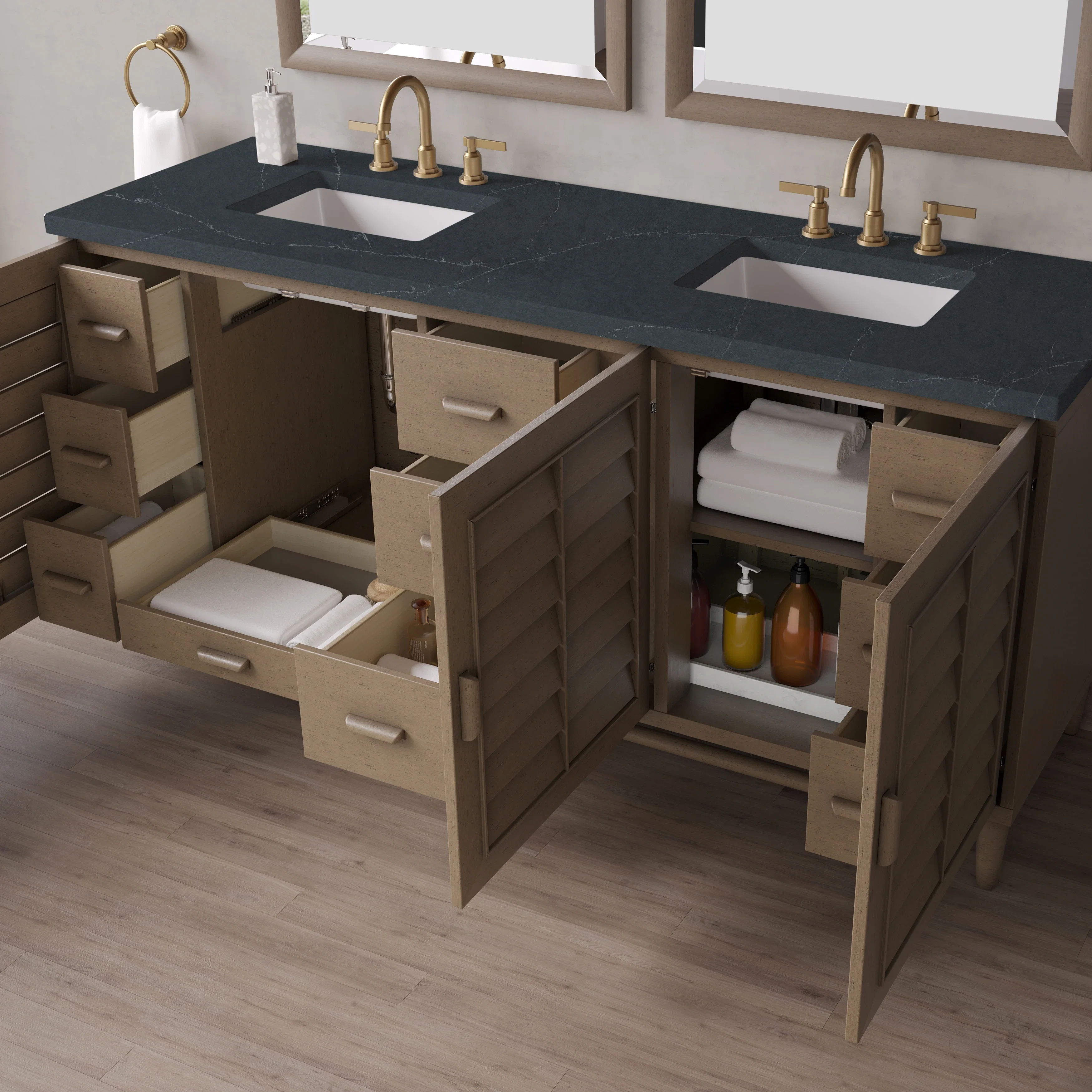 Portland 72" Double Vanity Whitewashed Walnut w/ 3 CM Charcoal Soapstone Silestone Top