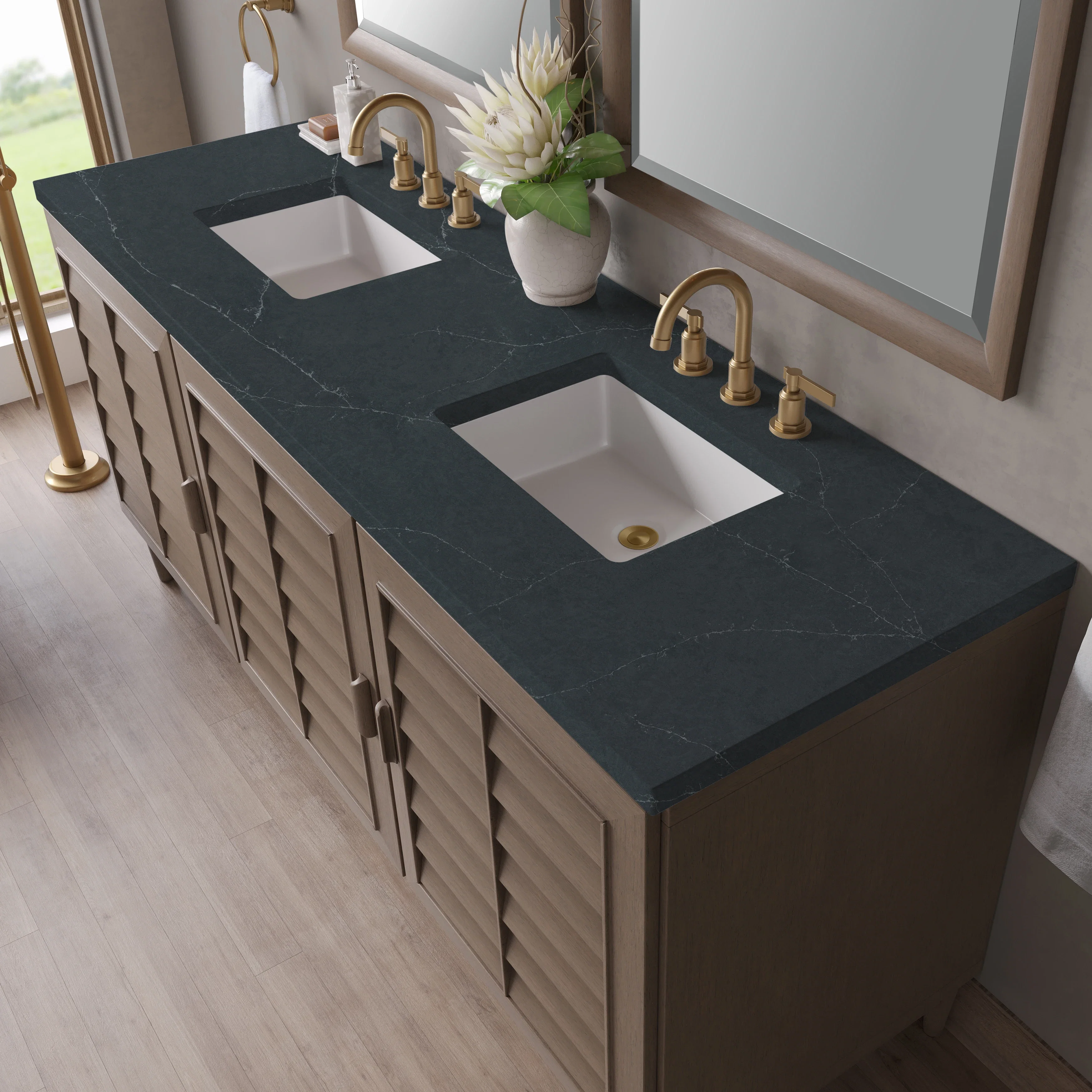 Portland 72" Double Vanity Whitewashed Walnut w/ 3 CM Charcoal Soapstone Silestone Top