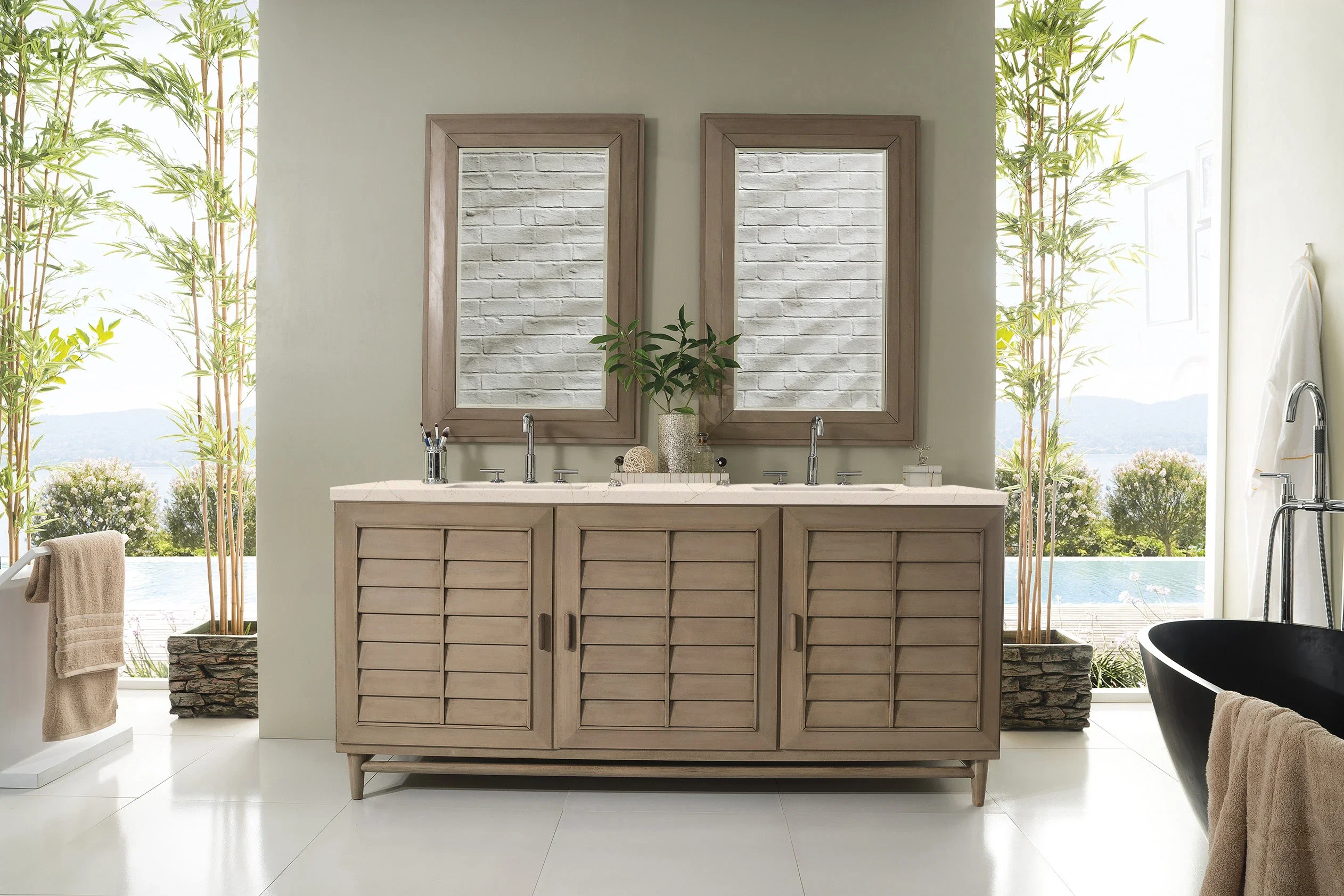 Portland 72" Double Vanity Whitewashed Walnut w/ 3 CM Eternal Marfil Silestone Top